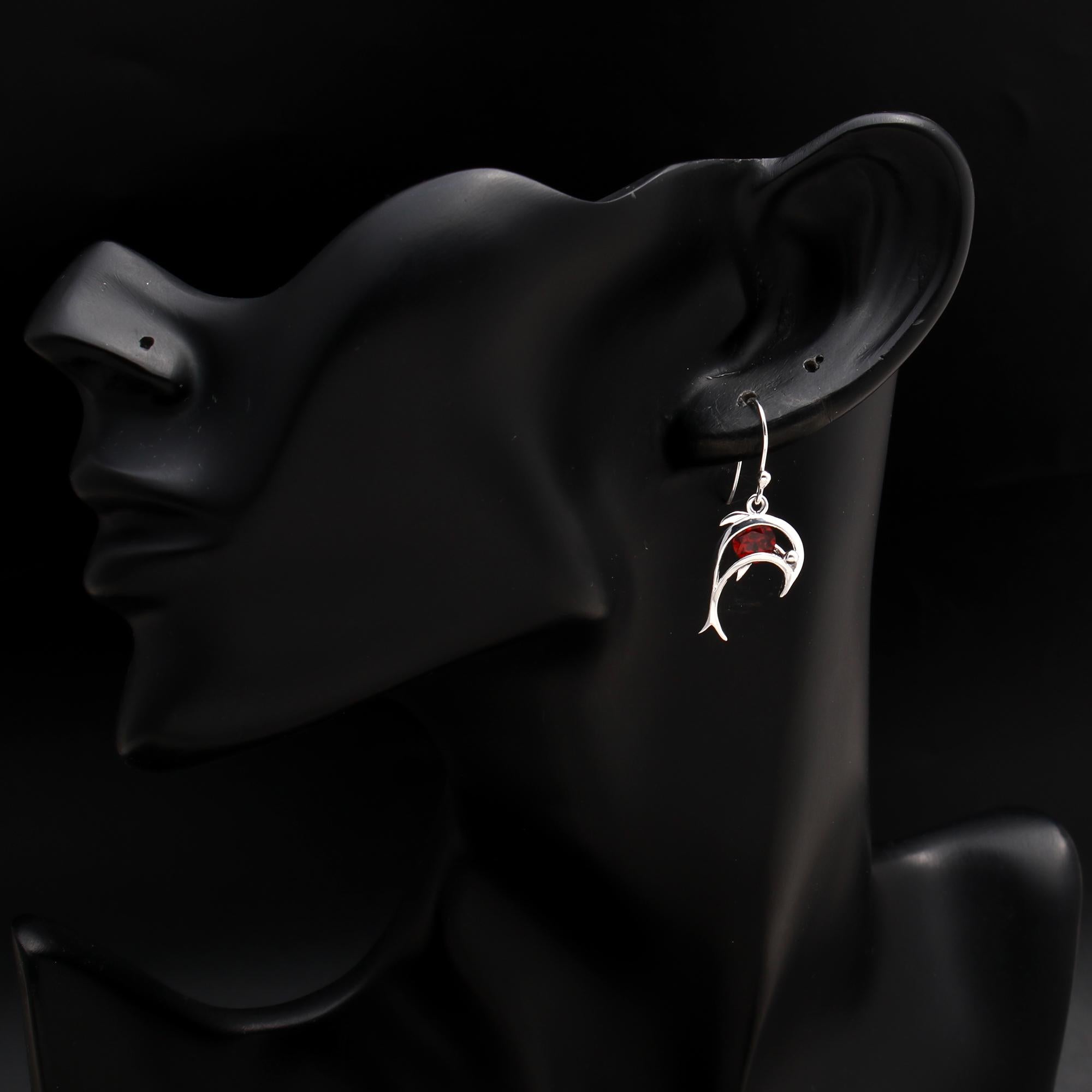 925 Silver Garnet Dolphin Dangle Earrings