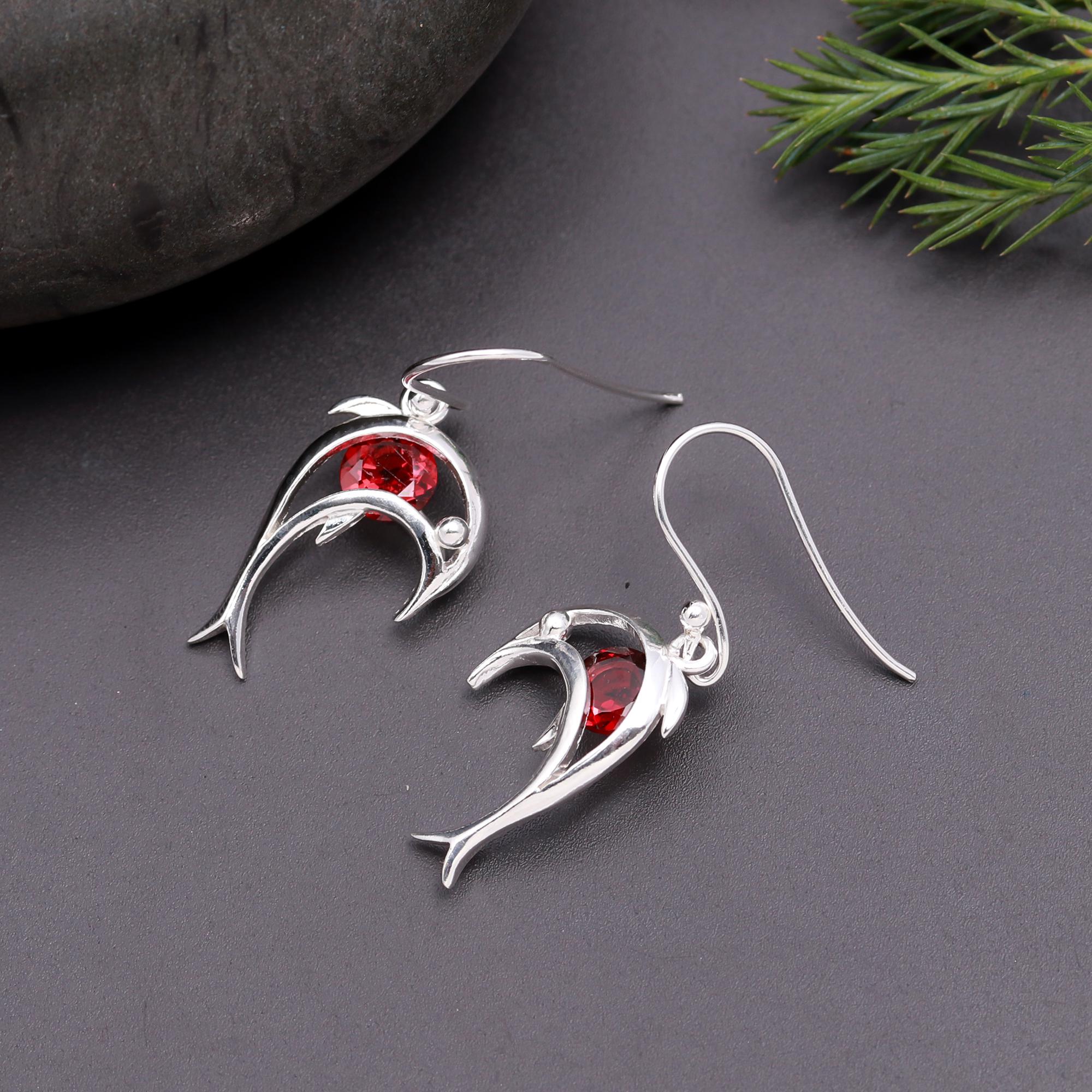 925 Silver Garnet Dolphin Dangle Earrings