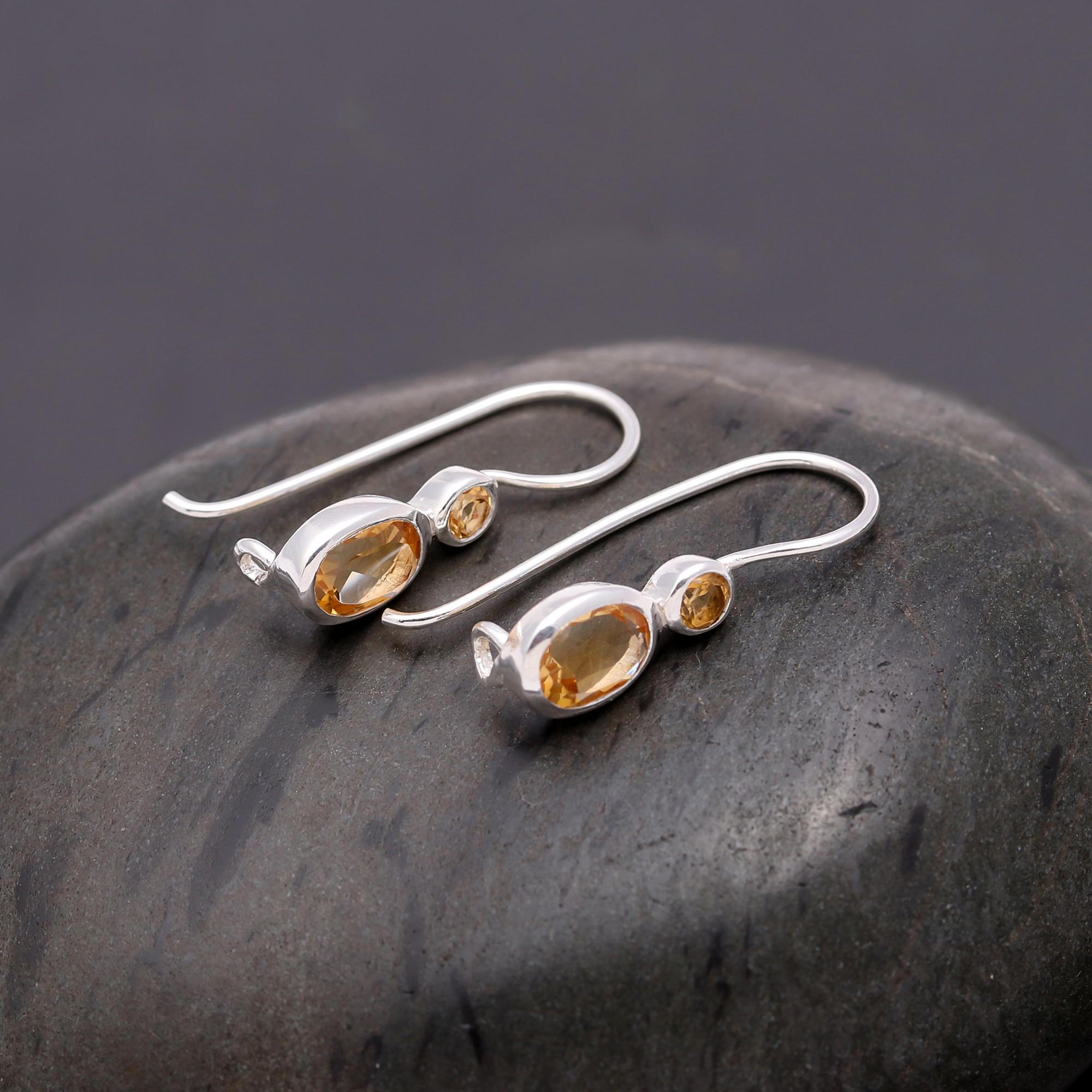 925 Silver Oval Cut Citrine Dangle Earrings