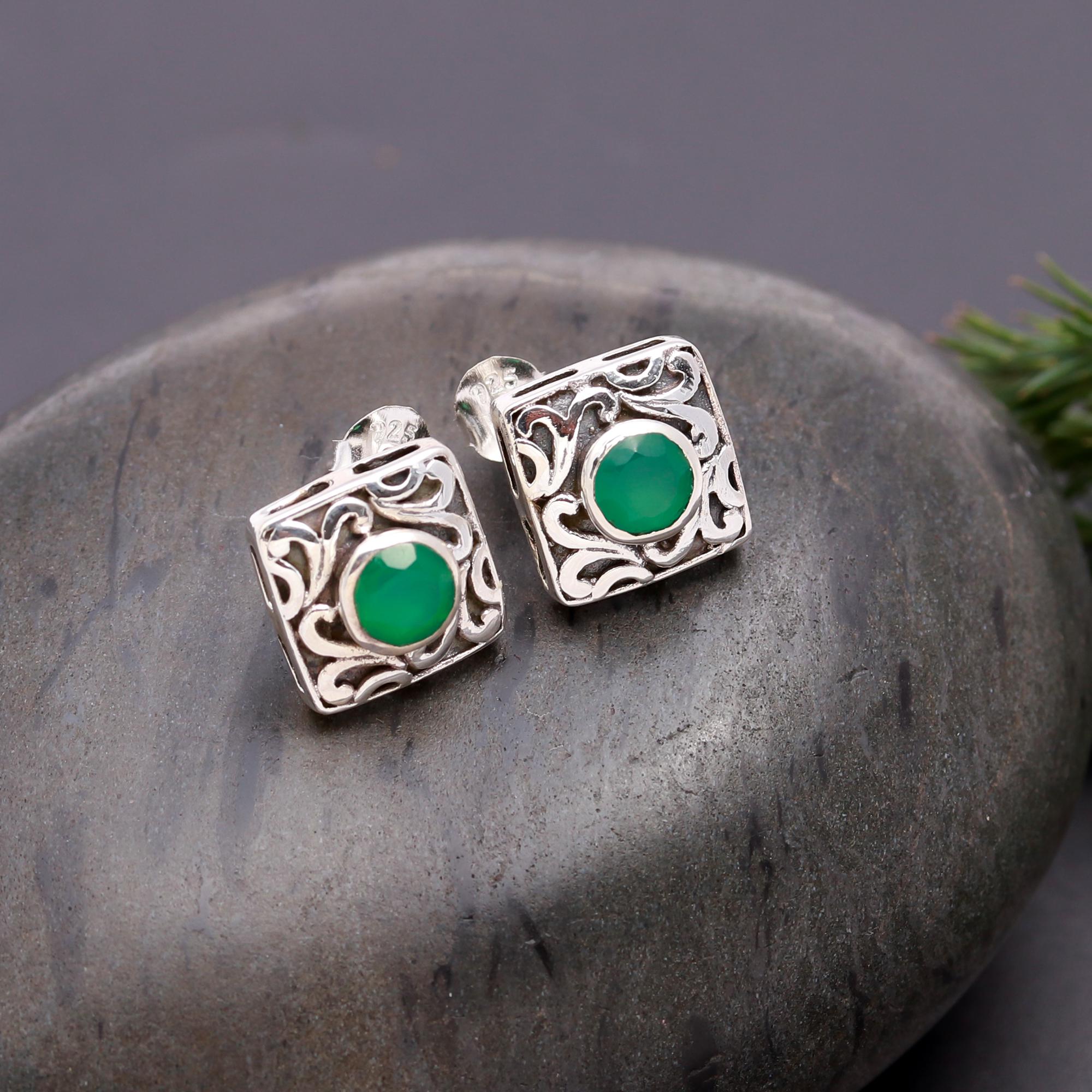 925 Silver Green Onyx Stud Earrings