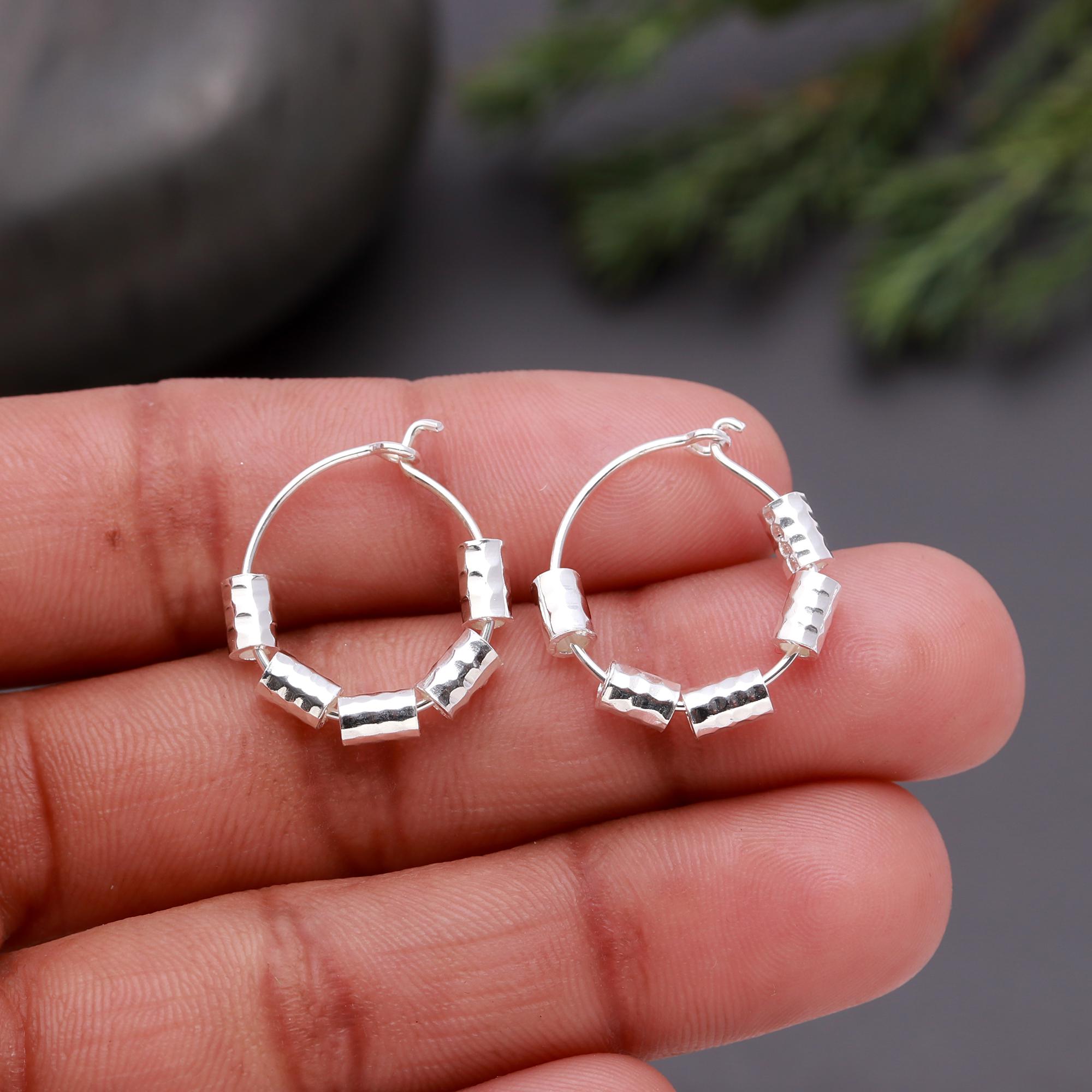 925 Silver Textured Beads Hoop Earrings
