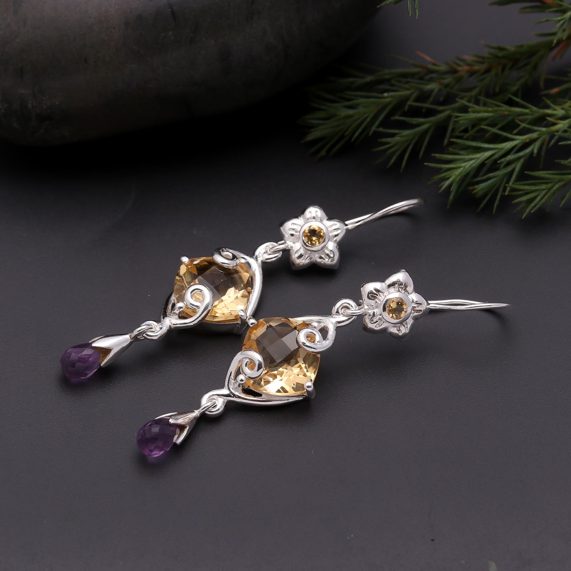925 Silver Citrine and Amethyst Floral Dangle Earrings