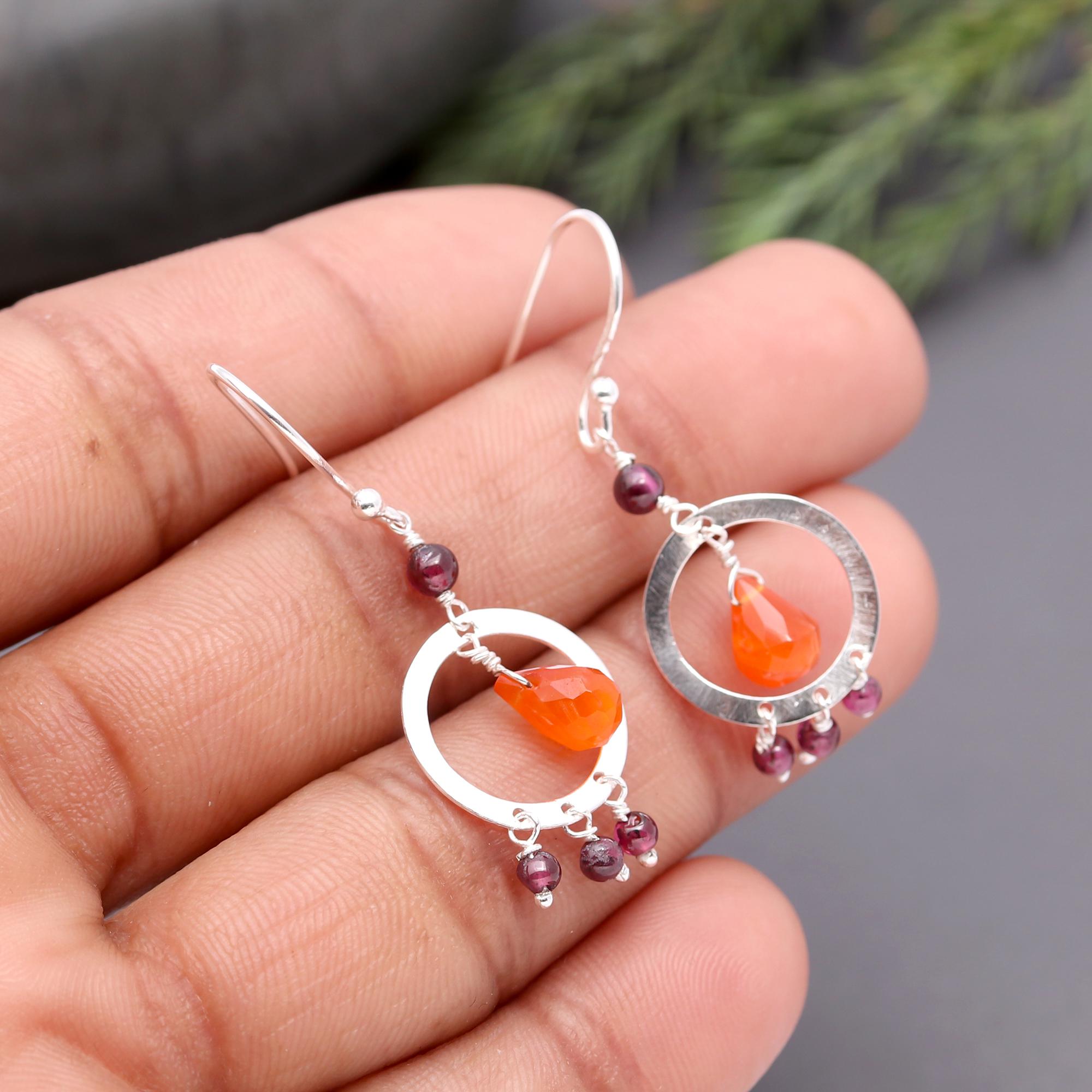 925 Silver Carnelian and Garnet Dangle Earrings