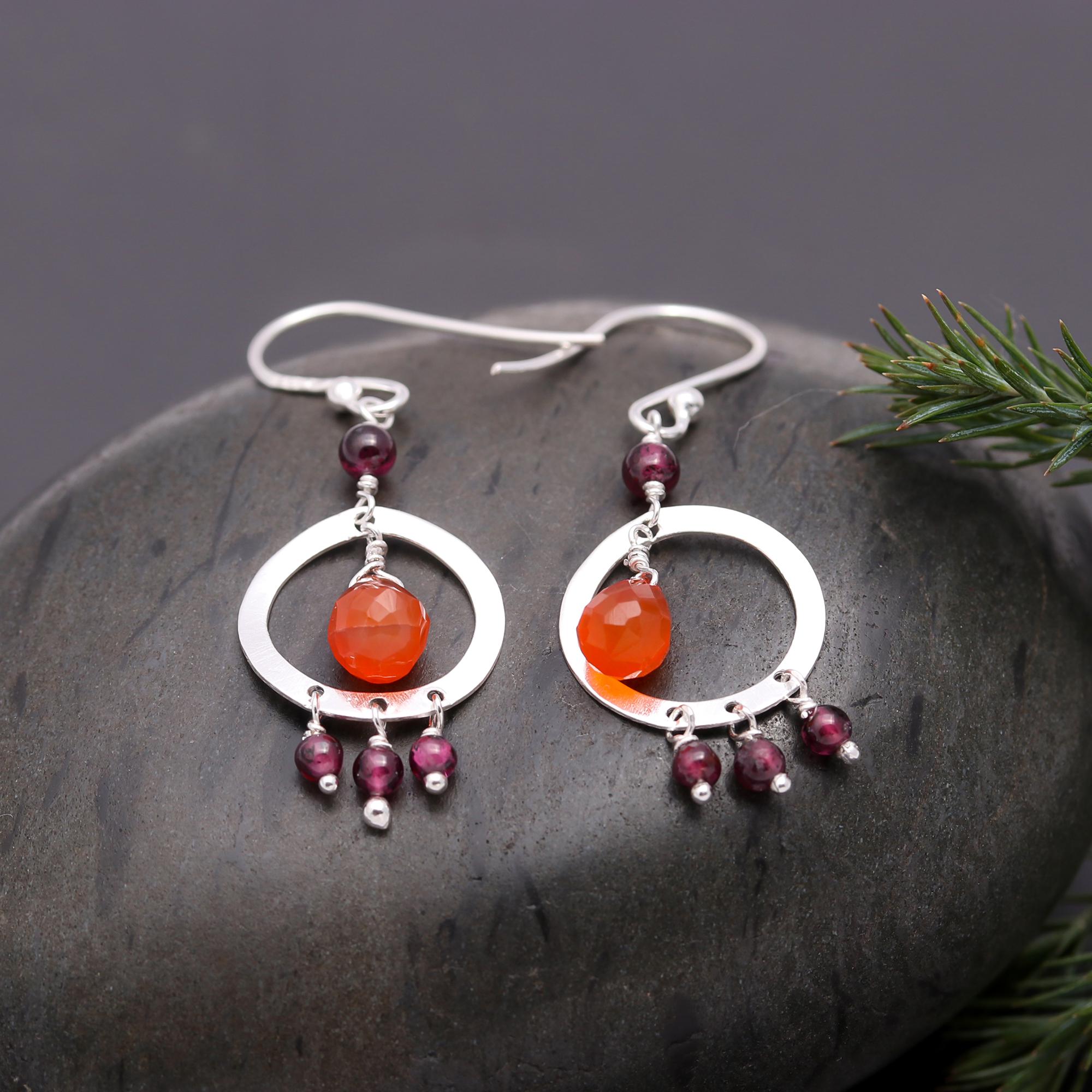 925 Silver Carnelian and Garnet Dangle Earrings