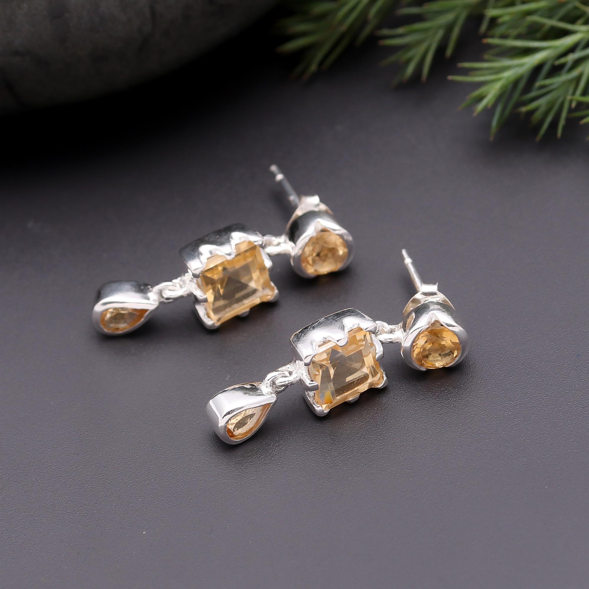 925 Silver Citrine Multi-Shaped Dangle Earrings