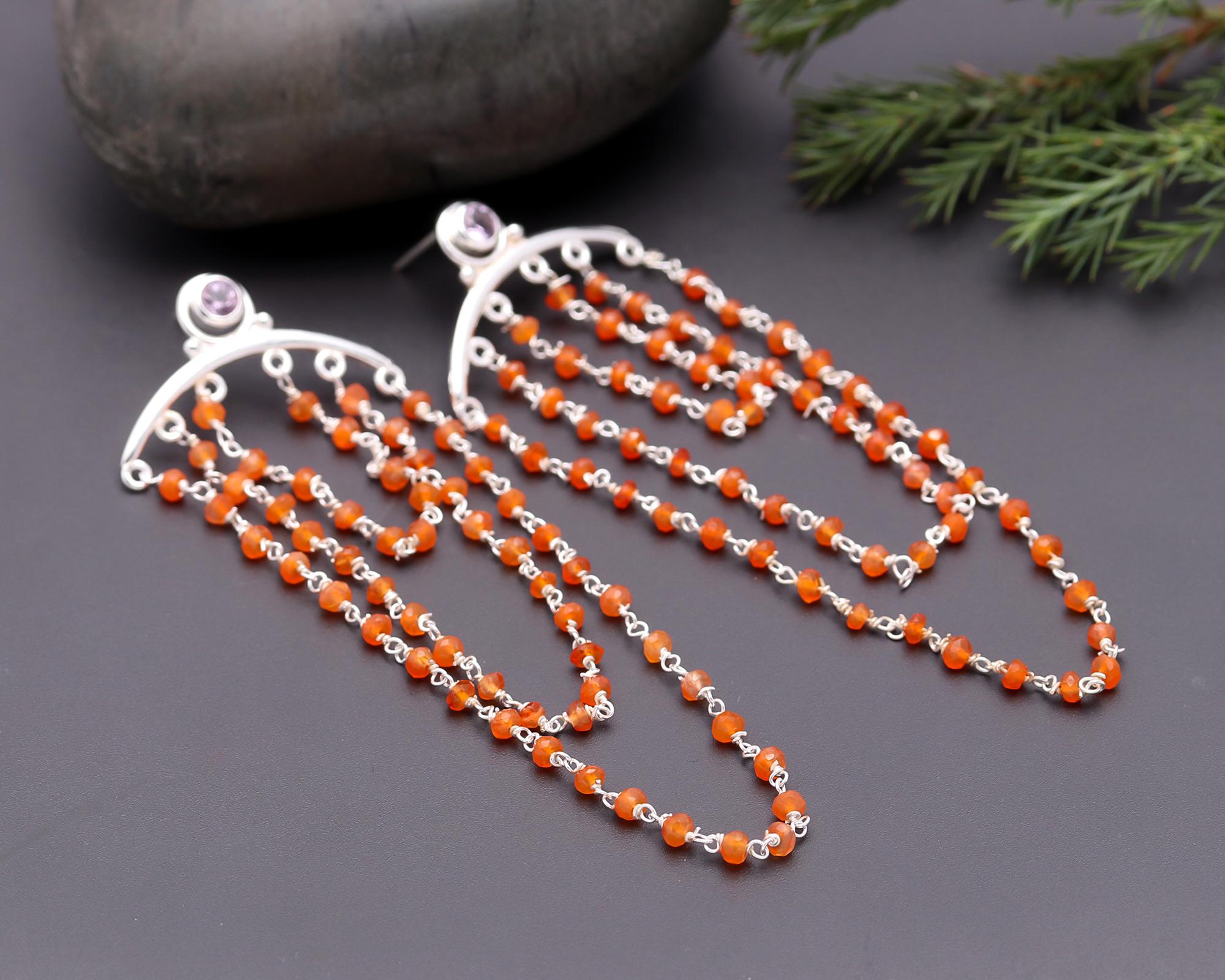 925 Silver Carnelian Beaded Chain Dangle Earrings