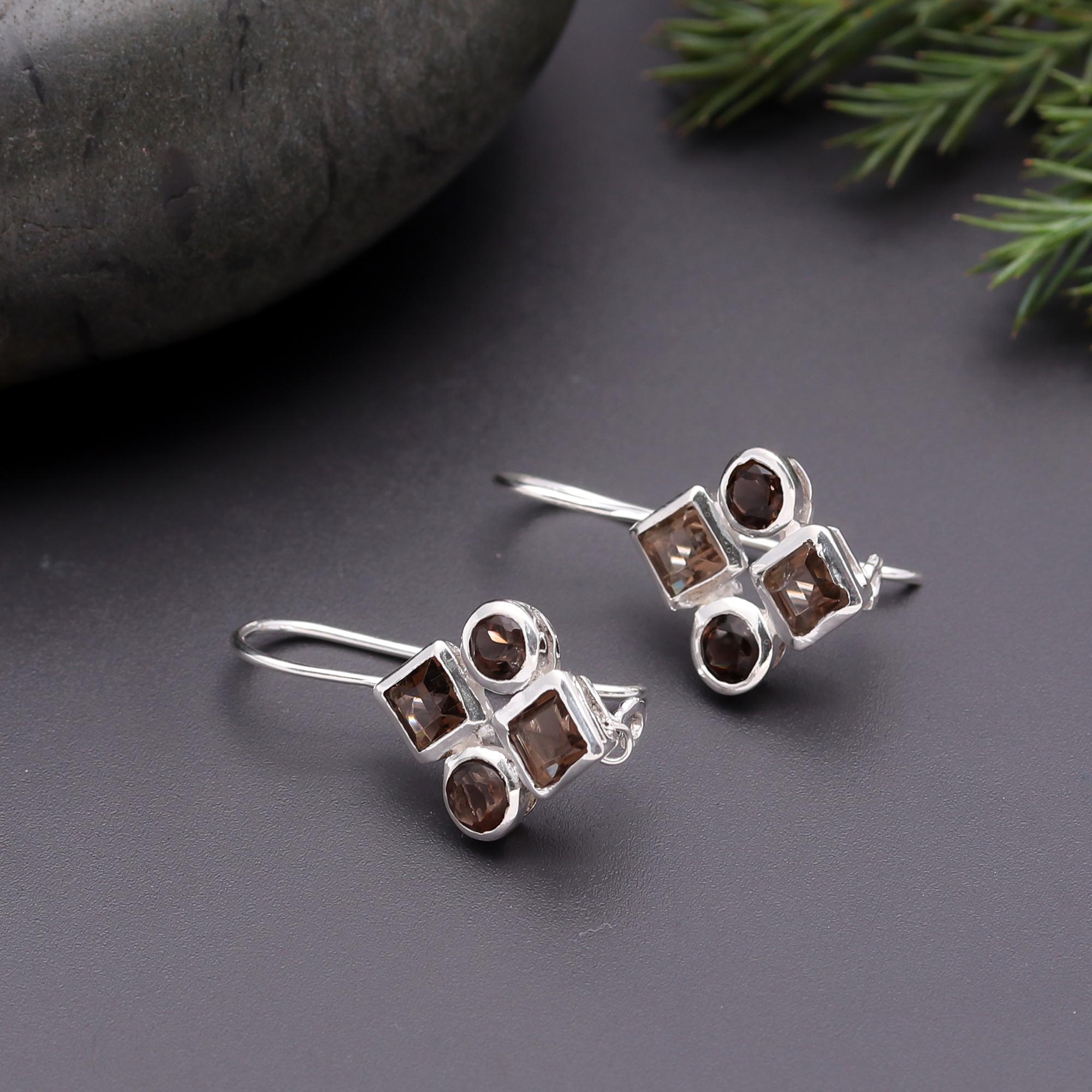 925 Silver Smoky Quartz Cluster Dangle Earrings