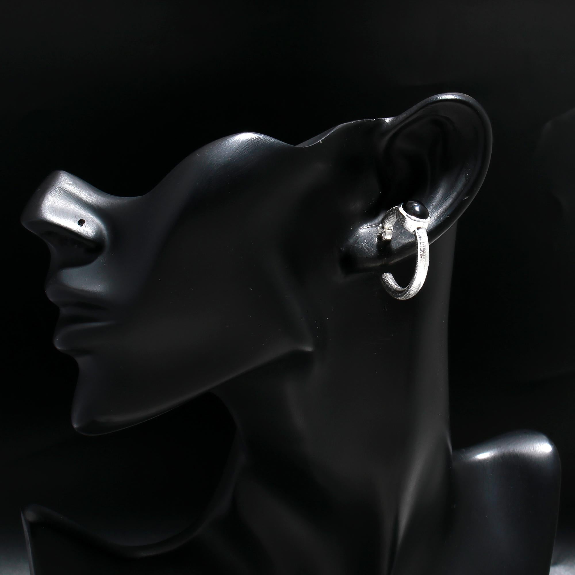 925 Silver Textured Hoop Black Onyx Stud Earrings