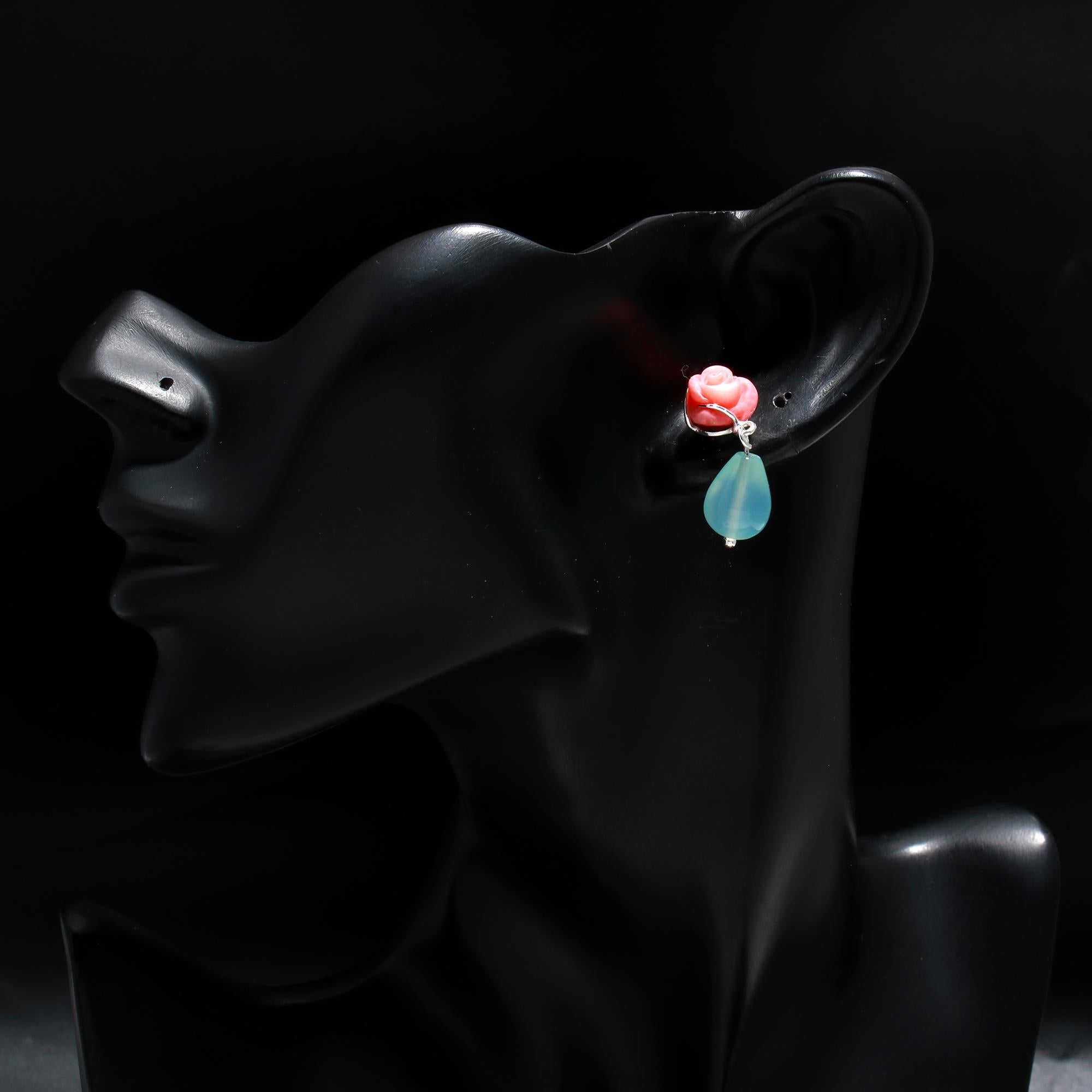 925 Silver Coral Rose and Aqua Chalcedony Drop Earrings