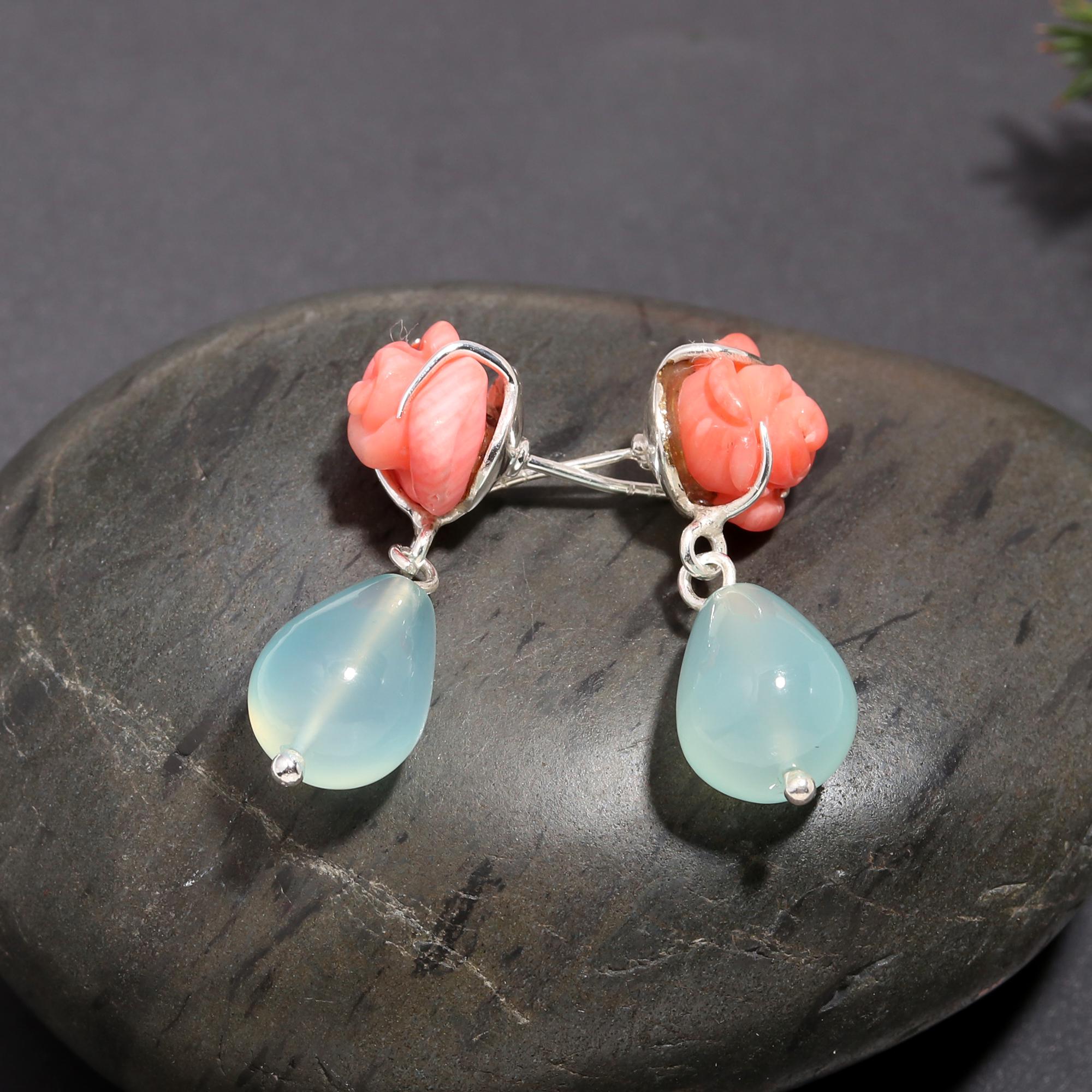 925 Silver Coral Rose and Aqua Chalcedony Drop Earrings