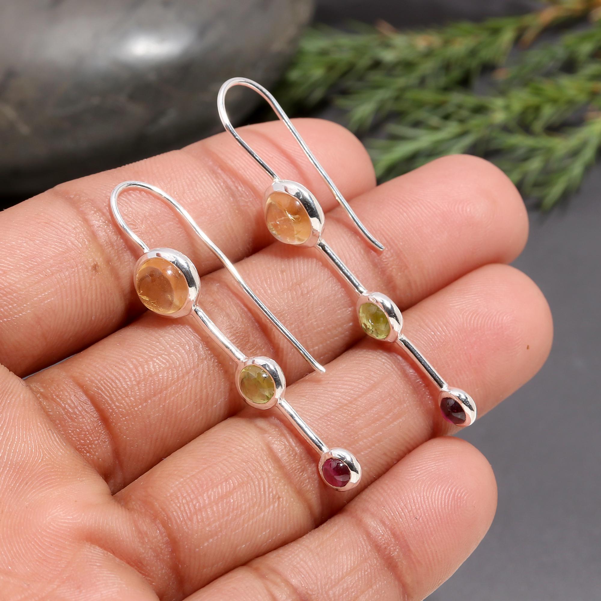 925 Silver Citrine, Peridot & Garnet Dangle Earrings