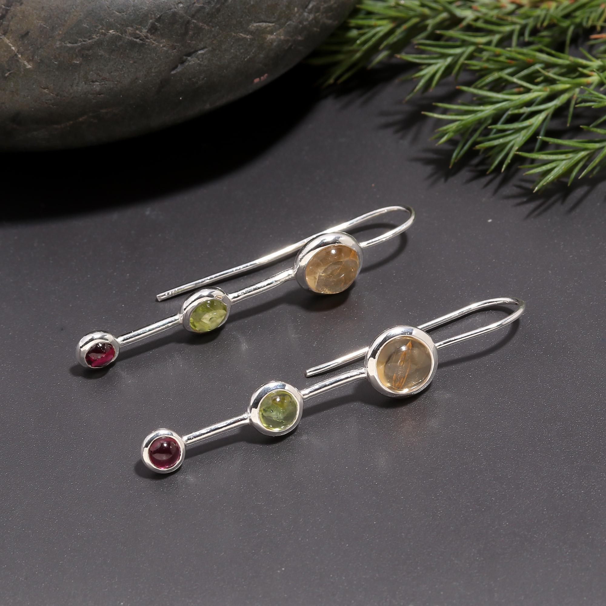 925 Silver Citrine, Peridot & Garnet Dangle Earrings