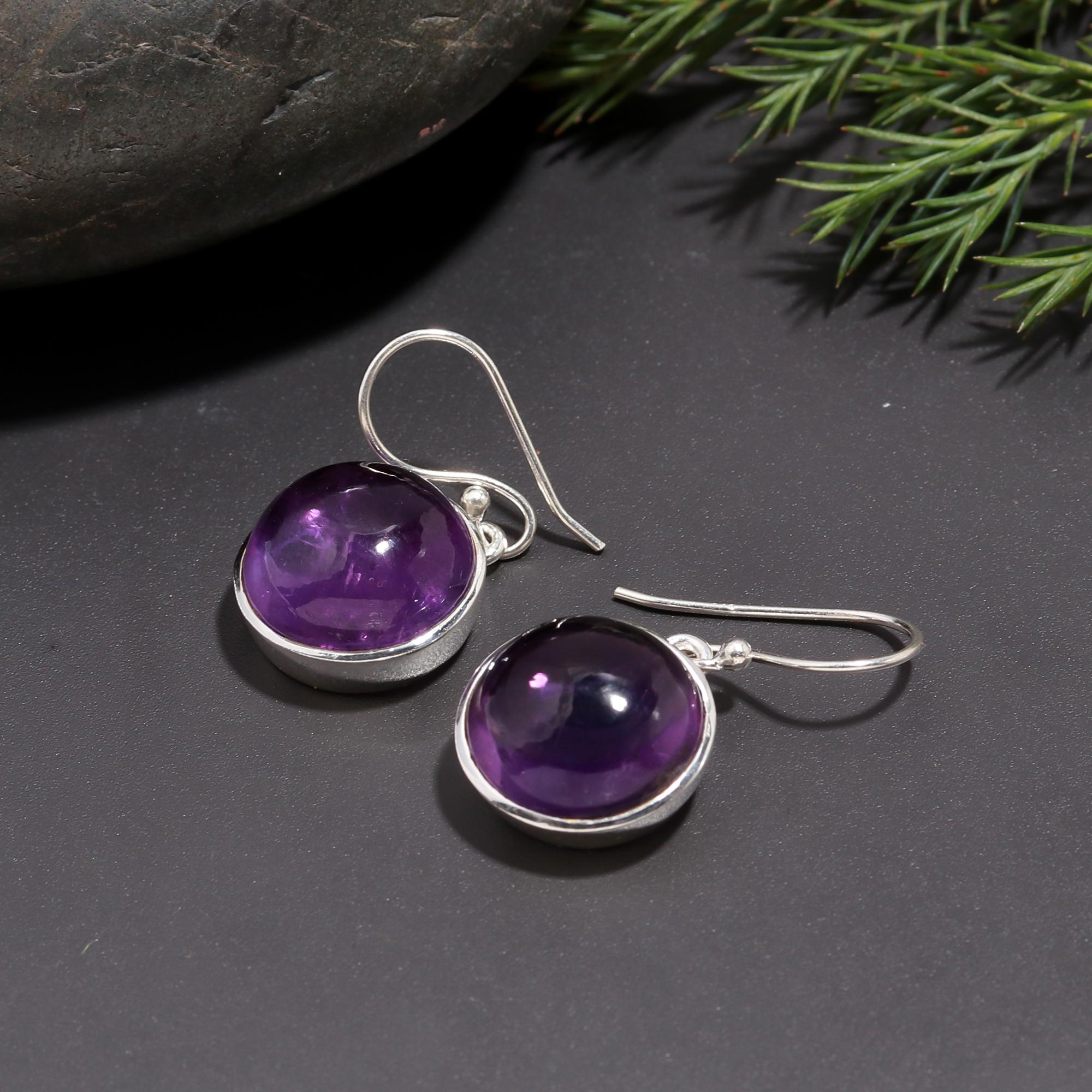 925 Silver Round Amethyst Dangle Earrings