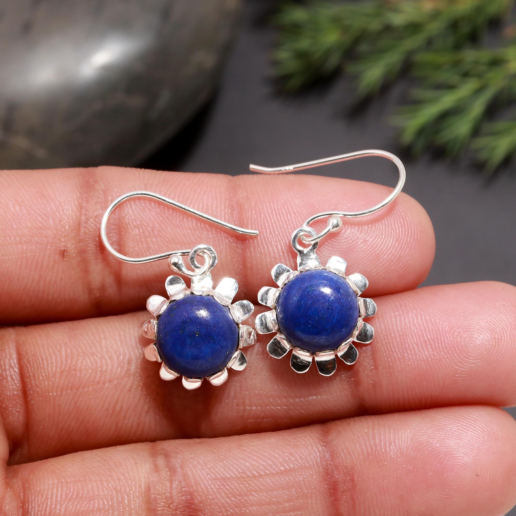 925 Silver Lapis Lazuli Floral Drop Earrings