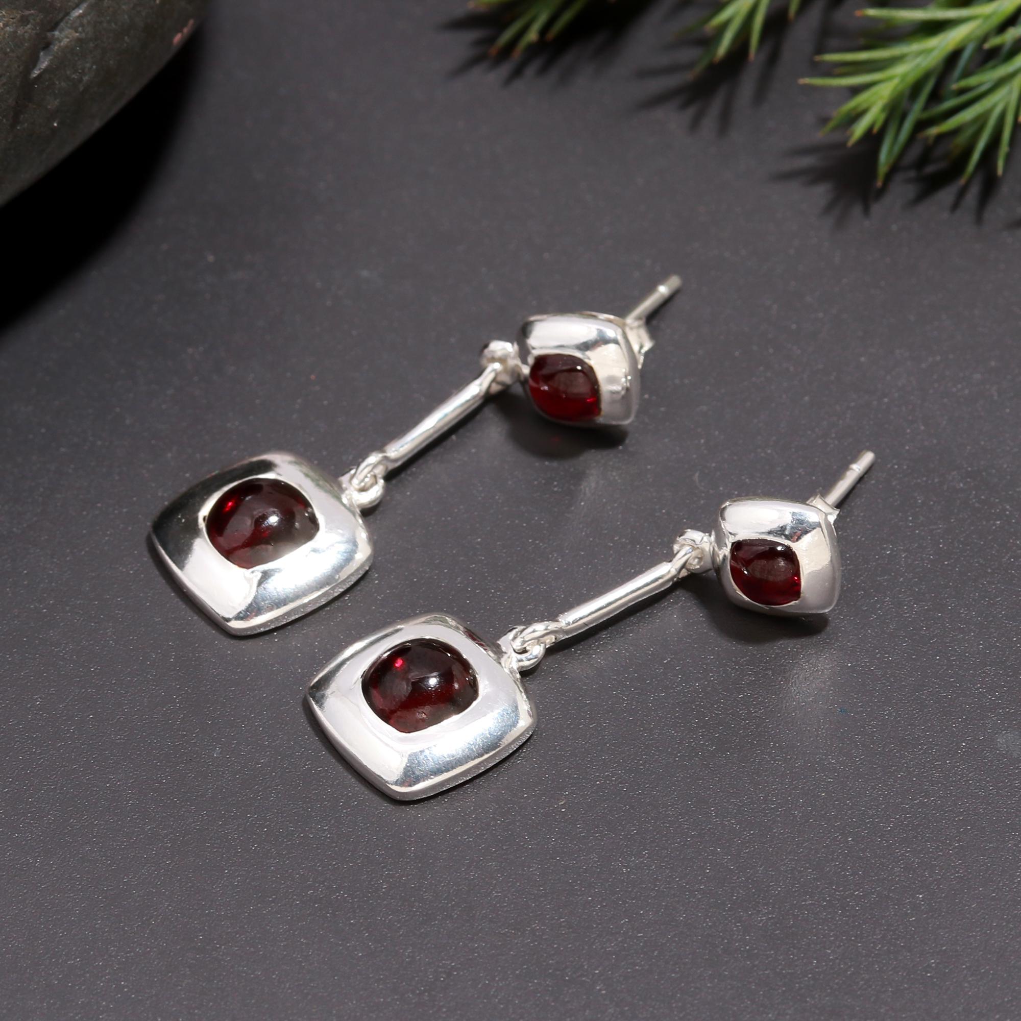 925 Silver Garnet Double Square Drop Earrings