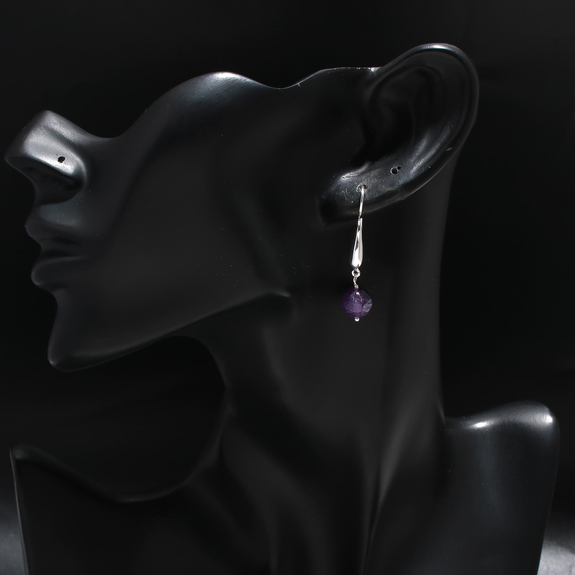 925 Silver Amethyst Round Beads Dangle Earrings