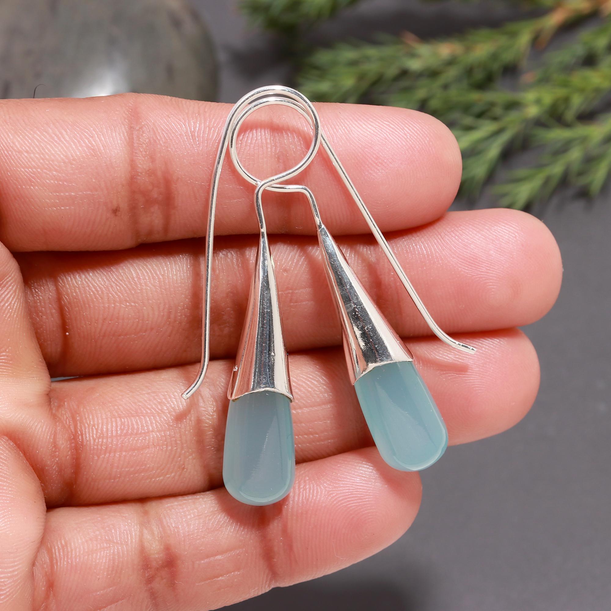 925 Silver Blue Chalcedony Long Drop Earrings
