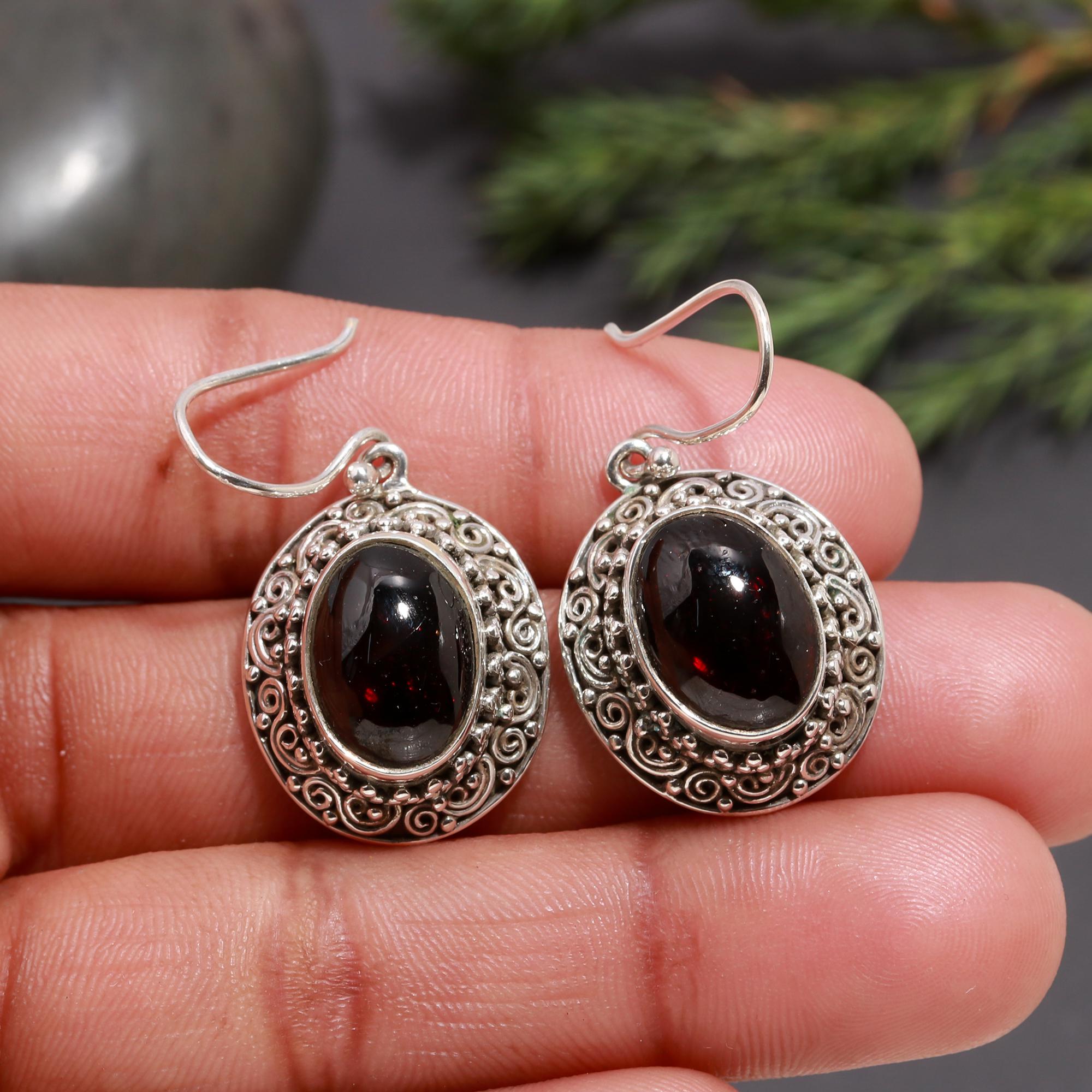 925 Silver Garnet Filigree Dangle Earrings