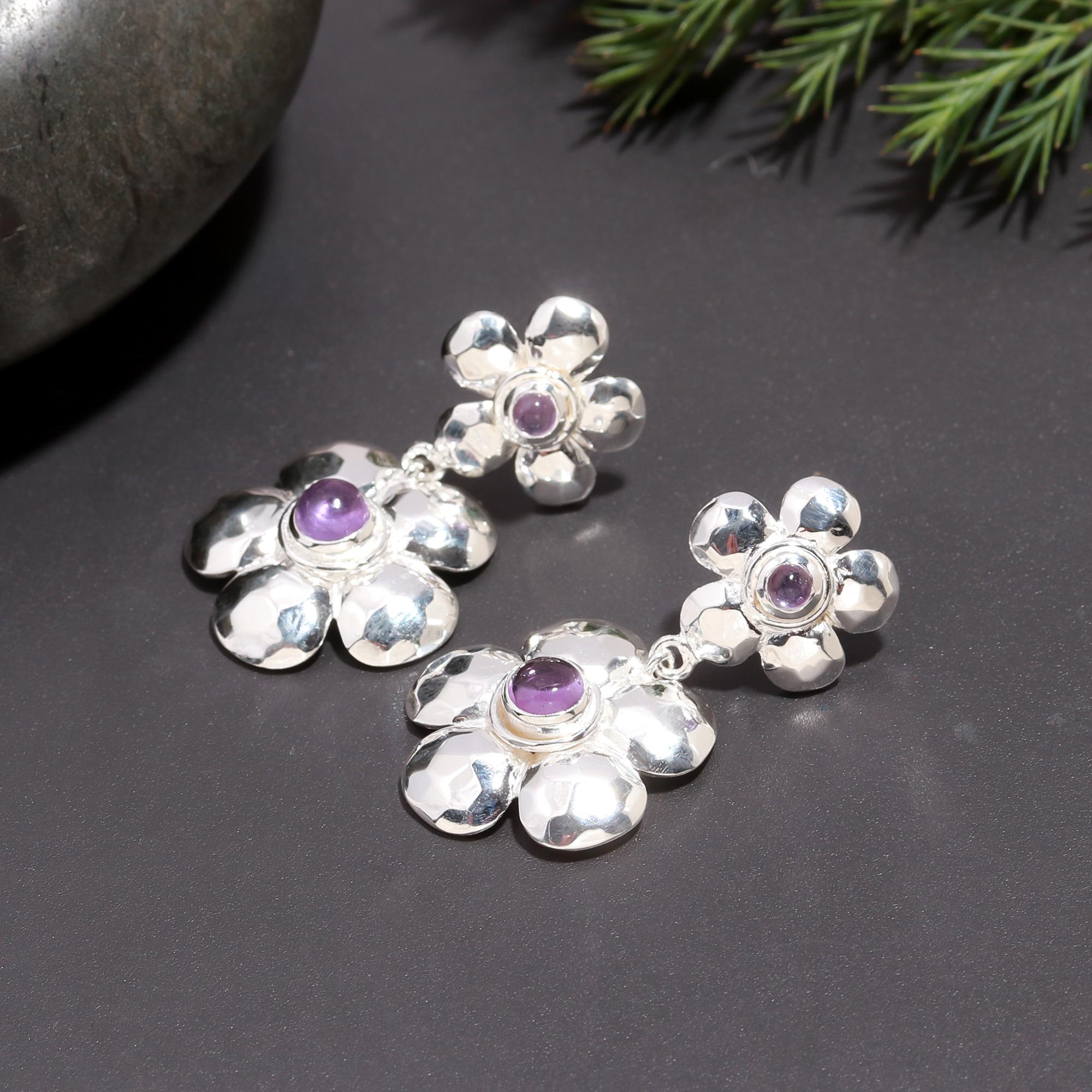 925 Silver Double Flower Amethyst Drop Earrings