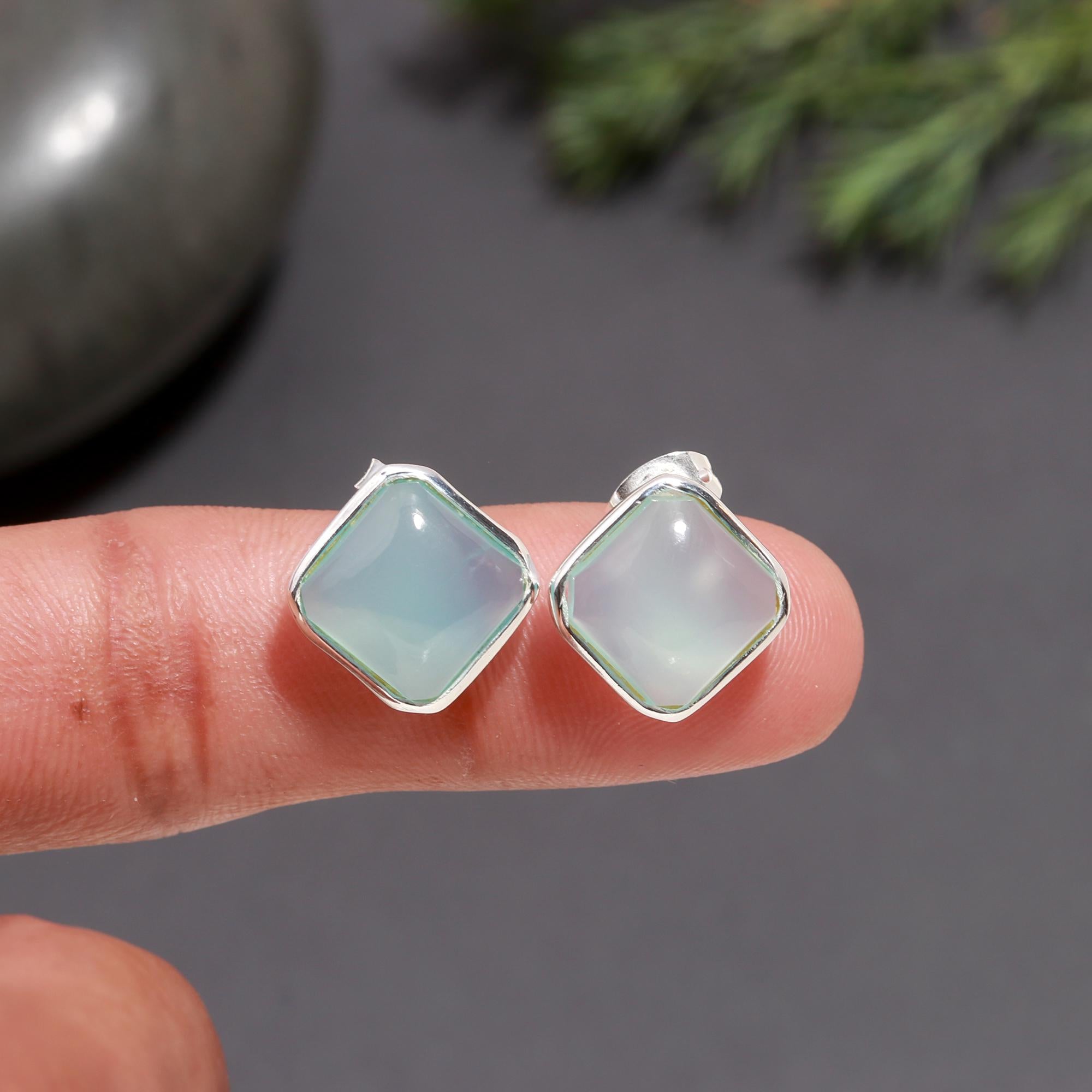 925 Silver Blue Chalcedony Stud Earrings