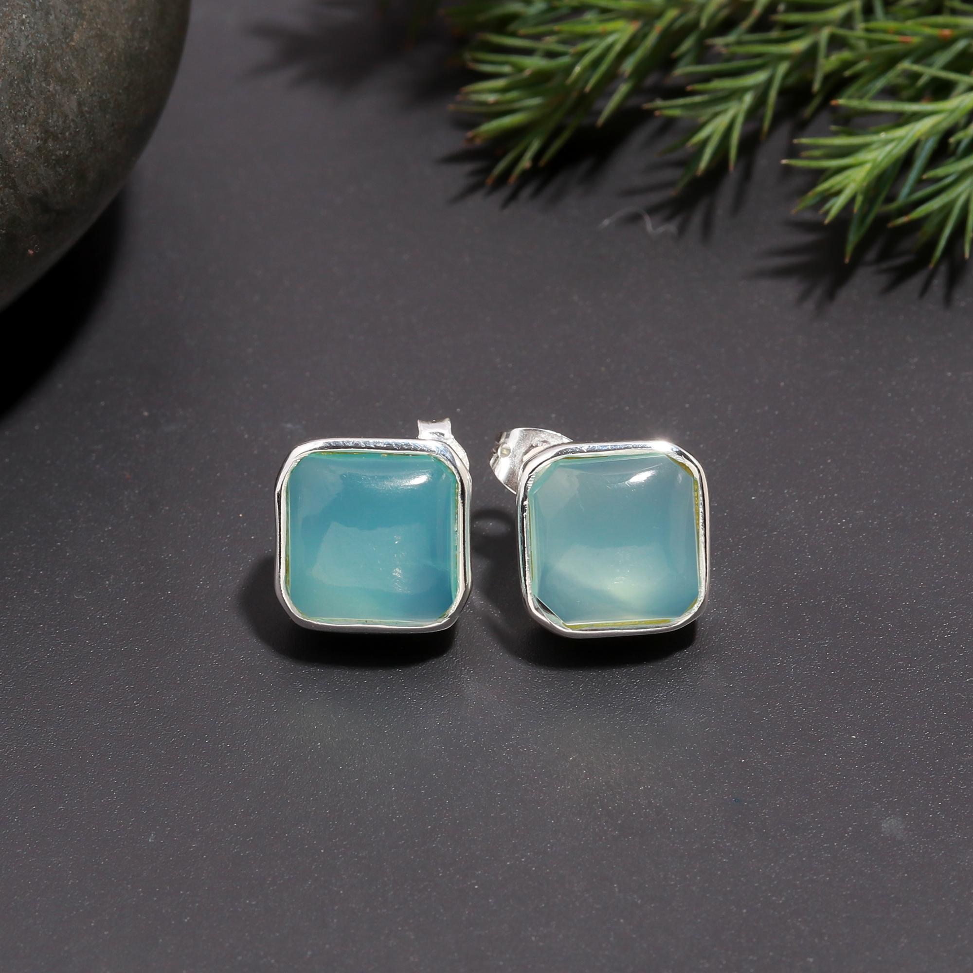 925 Silver Blue Chalcedony Stud Earrings