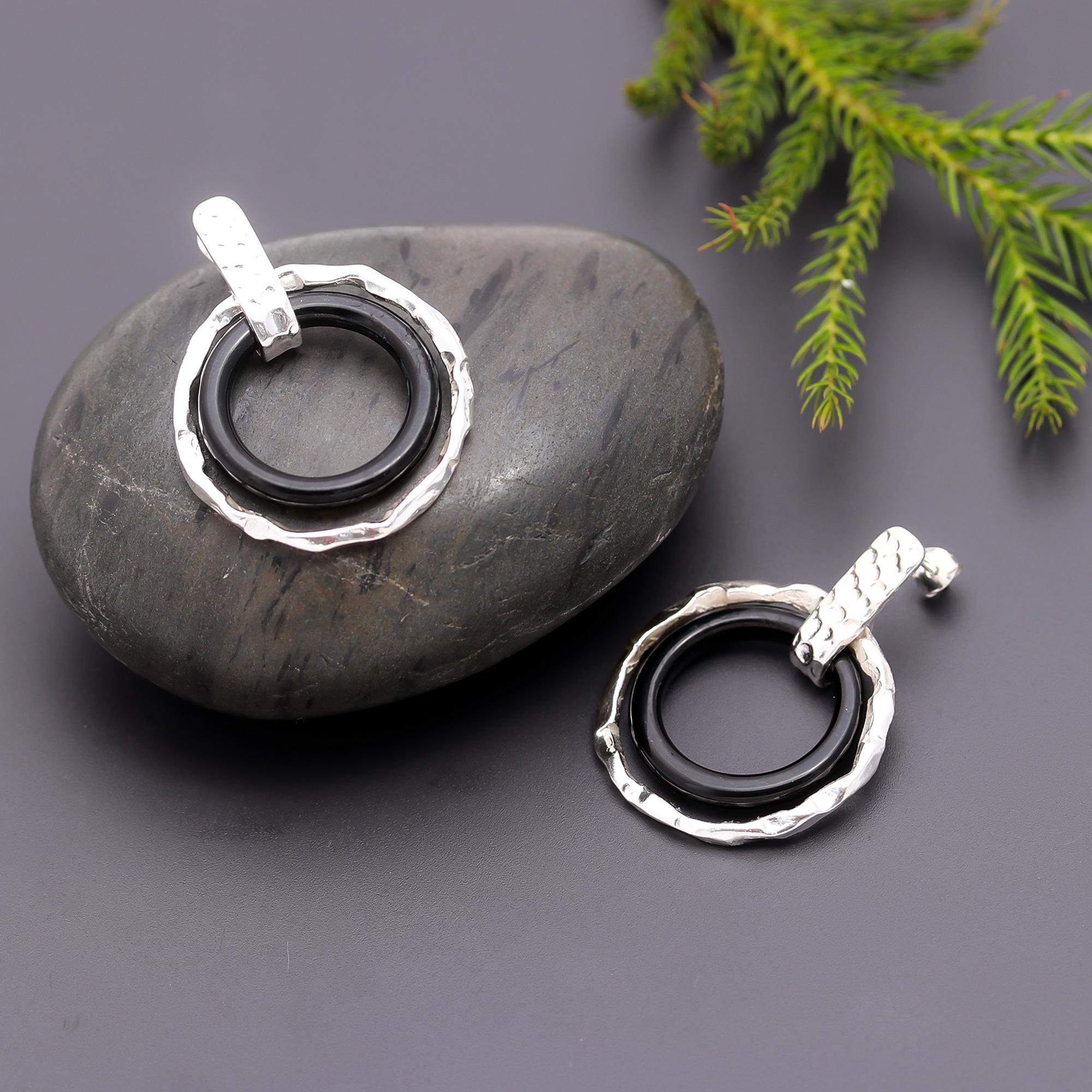 925 Silver Textured Black Onyx Hoop Stud Earrings