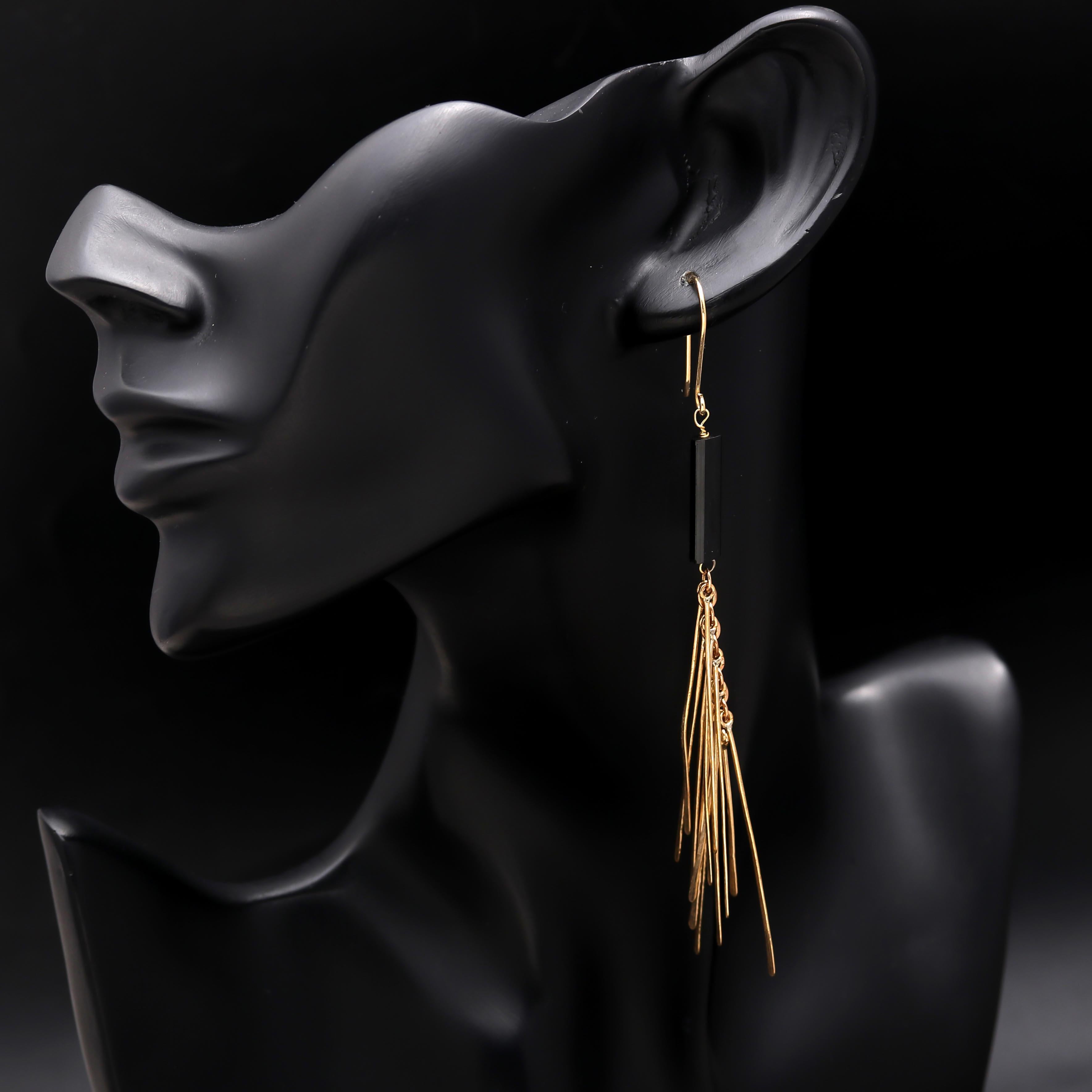 Brass Feather Earrings with Raw Black Tourmaline