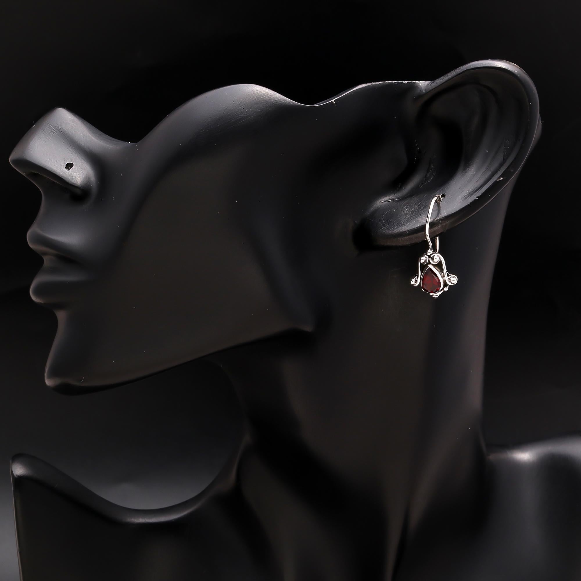925 Silver Vintage Garnet Teardrop Earrings