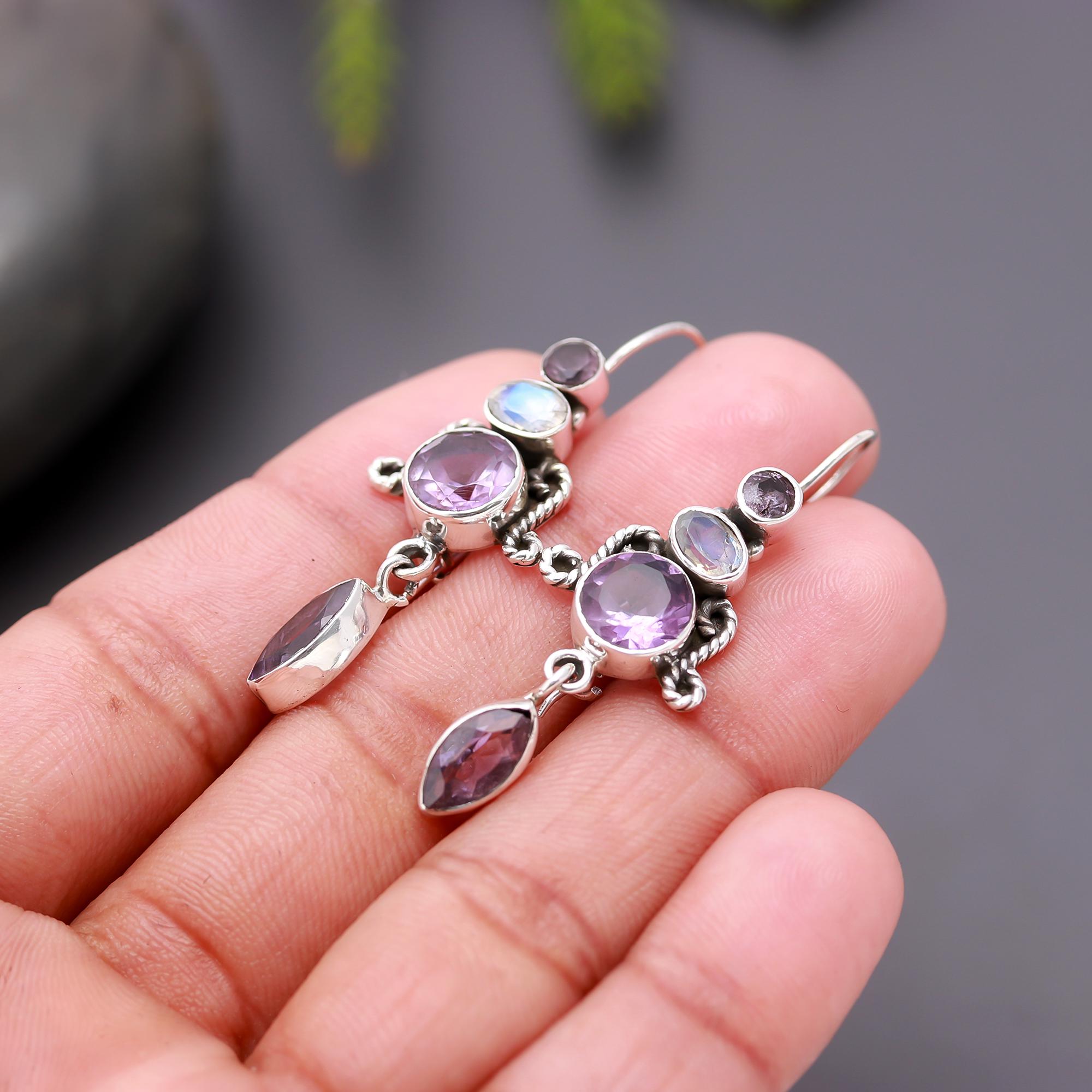 925 Silver Amethyst and Moonstone Dangle Earrings