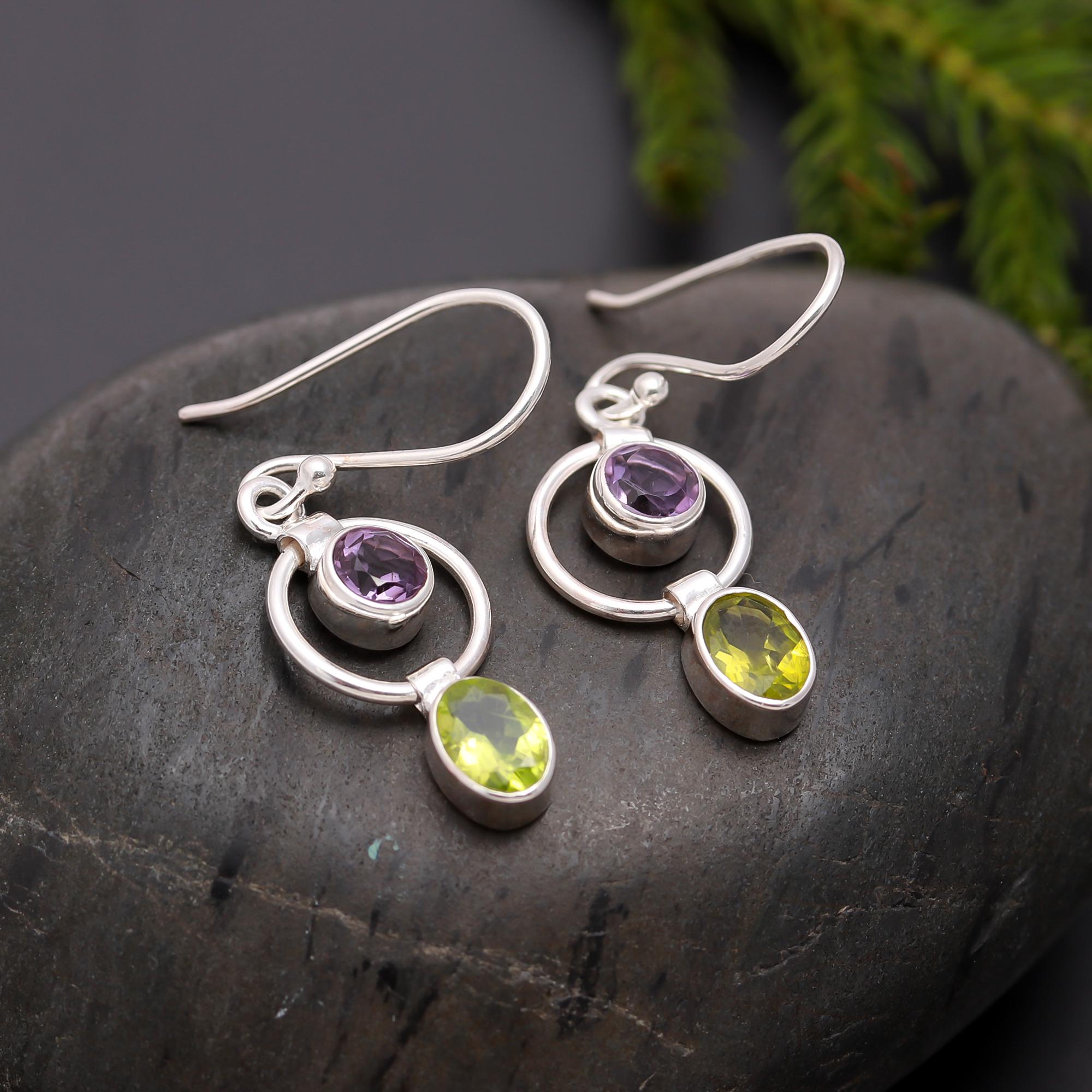 925 Silver Amethyst and Peridot Circle Dangle Earrings