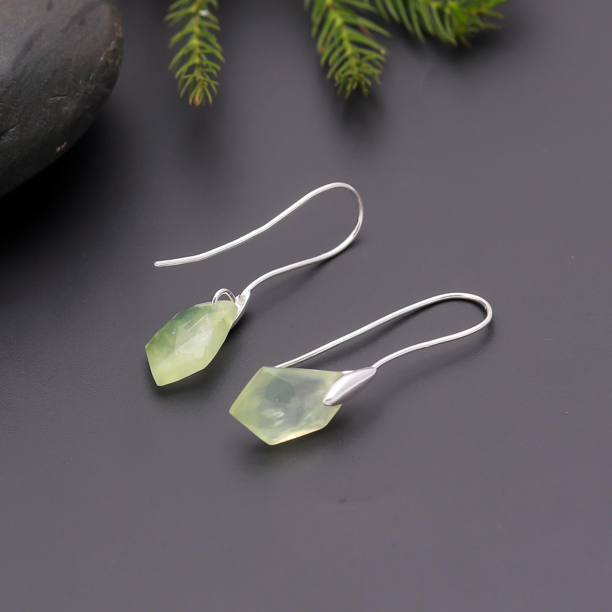 925 Silver Faceted Prehnite Dangle Earrings