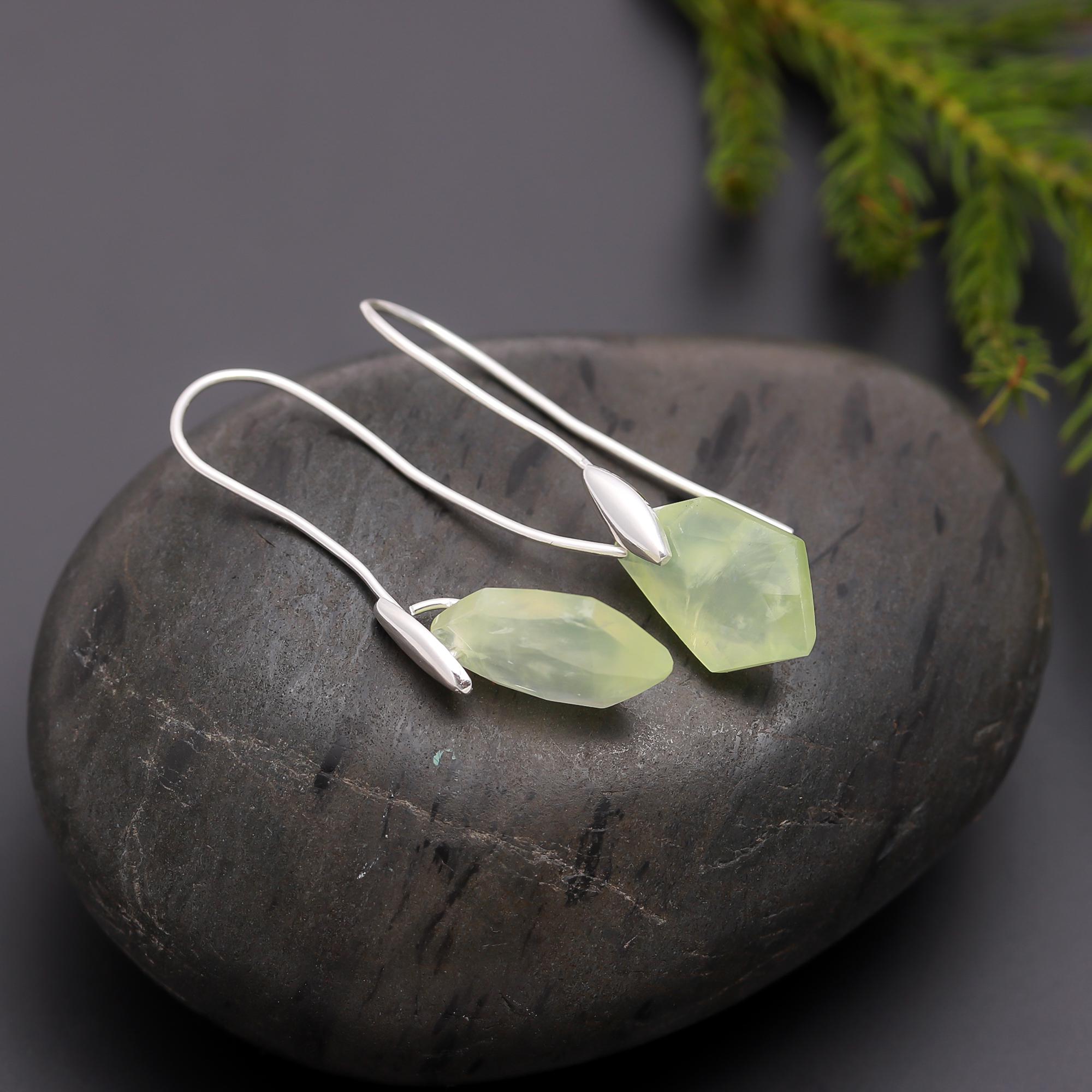 925 Silver Faceted Prehnite Dangle Earrings