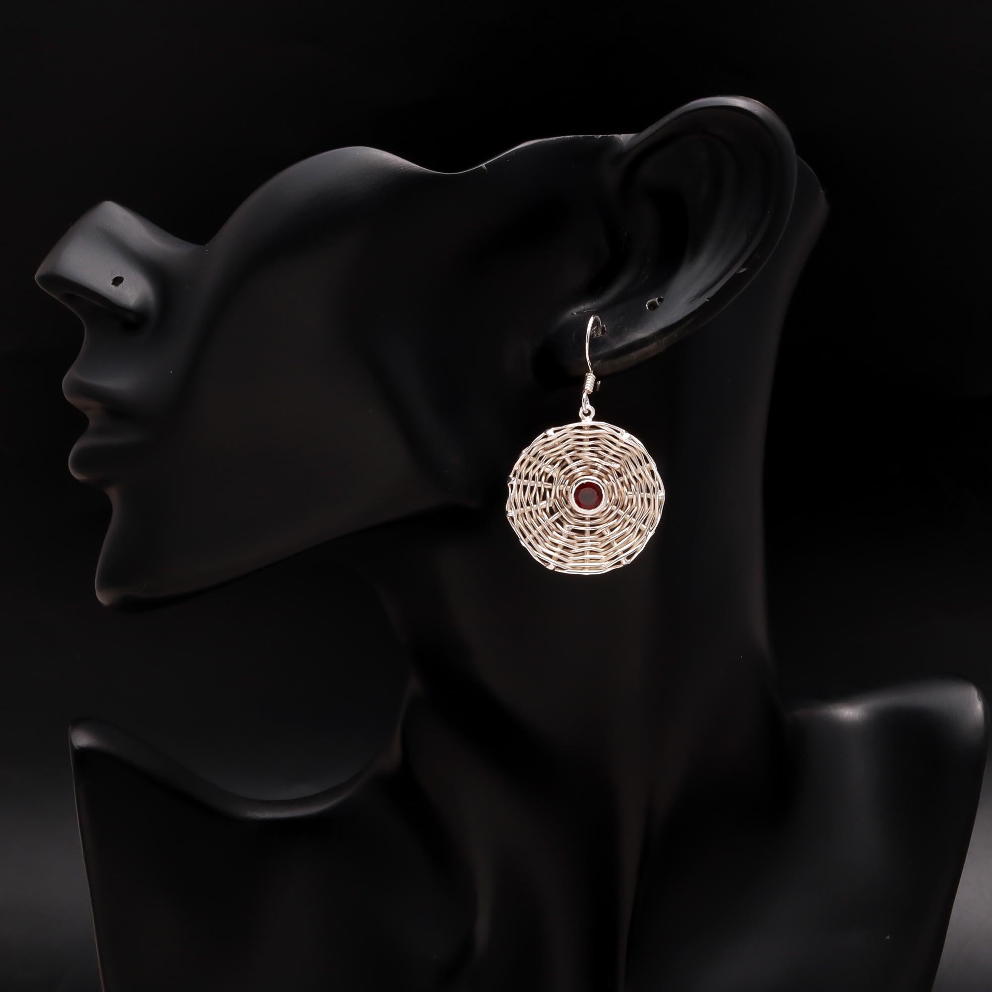 925 Silver Woven Disc Garnet Dangle Earrings