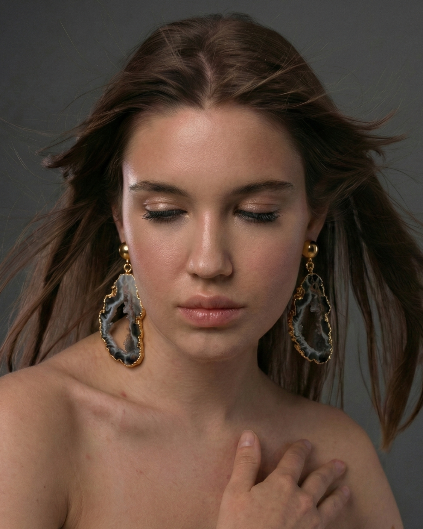 The Midnight Geode: Black Agate Slice Gold Drop Earrings