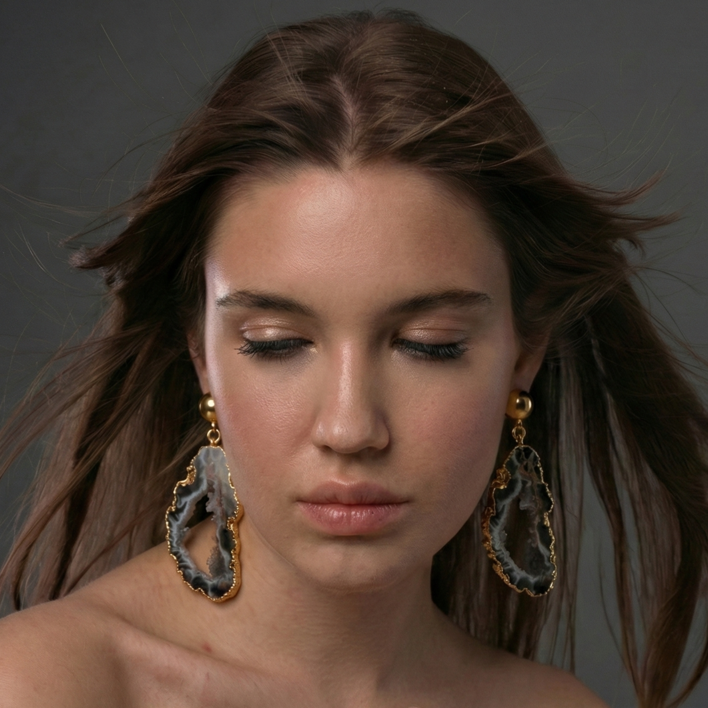 The Midnight Geode: Agate Slice Gold Earrings