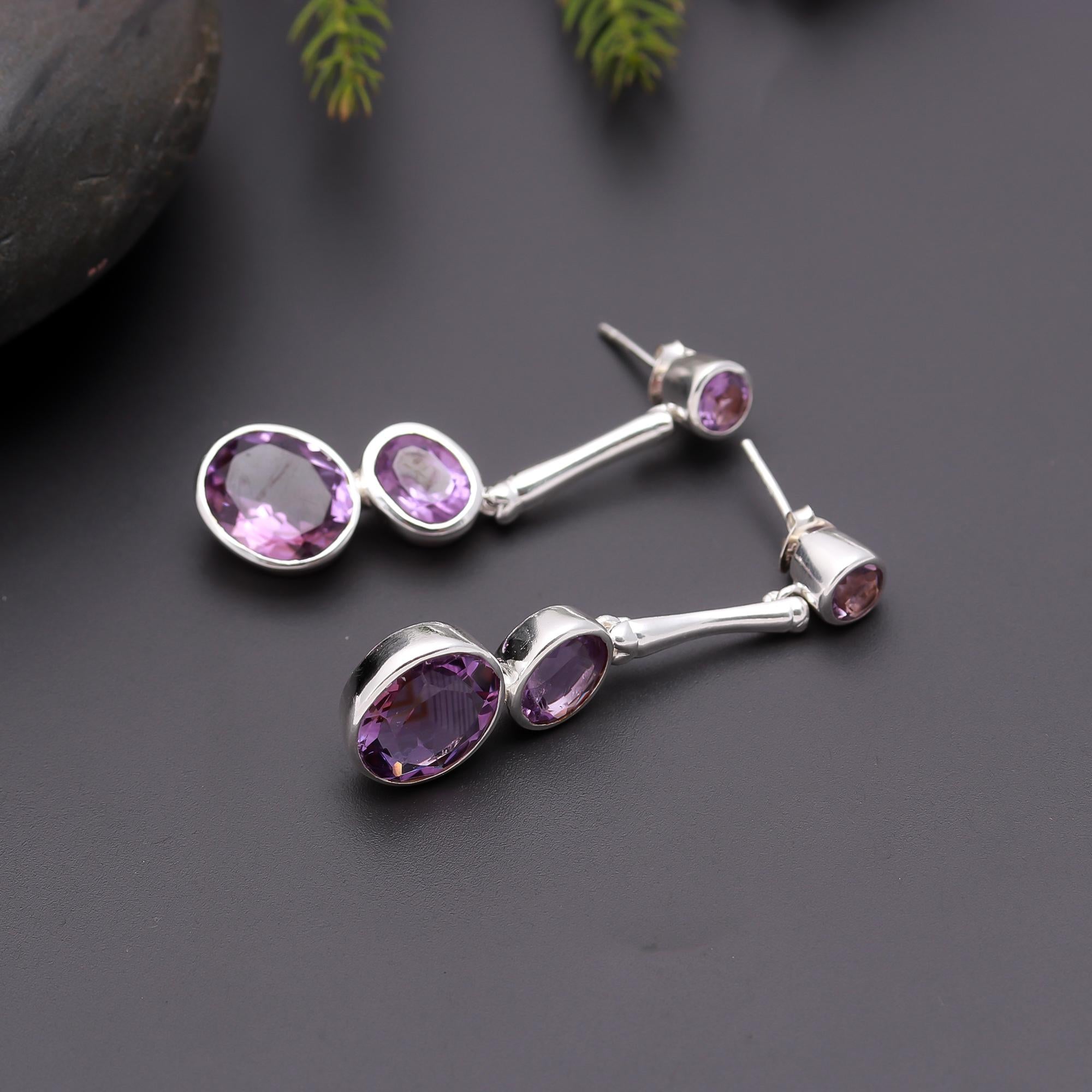 925 Silver Multi Oval Amethyst Drop Earrings