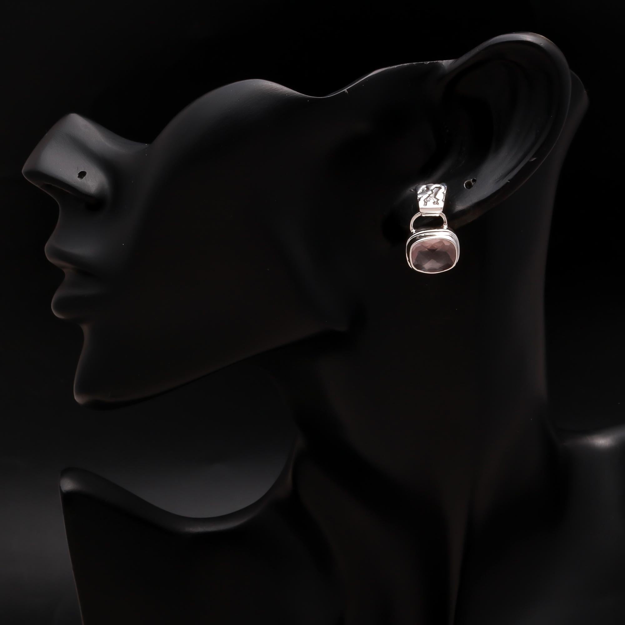 925 Silver Textured Top Rose Quartz Drop Earrings