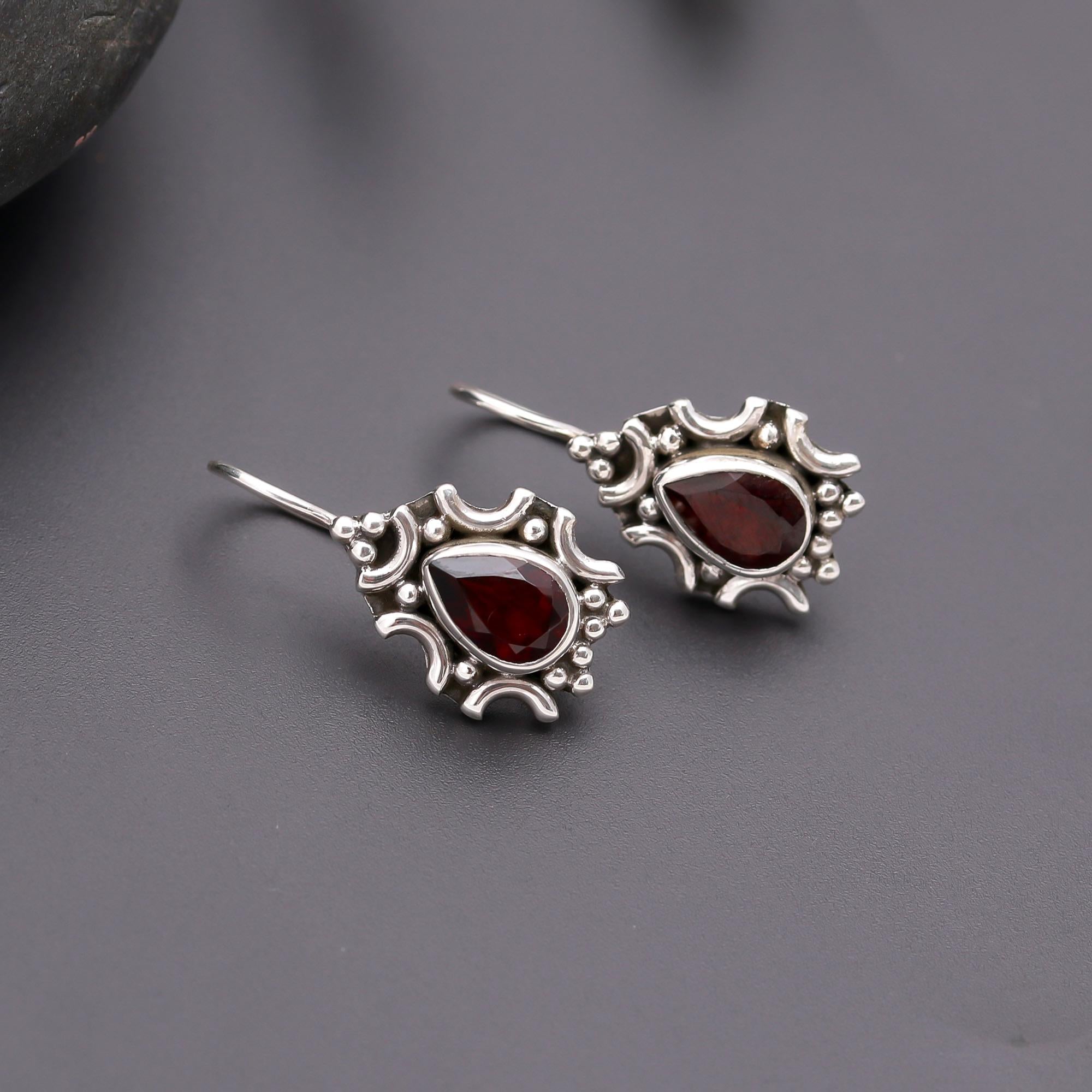 925 Silver Garnet Dangle Earrings