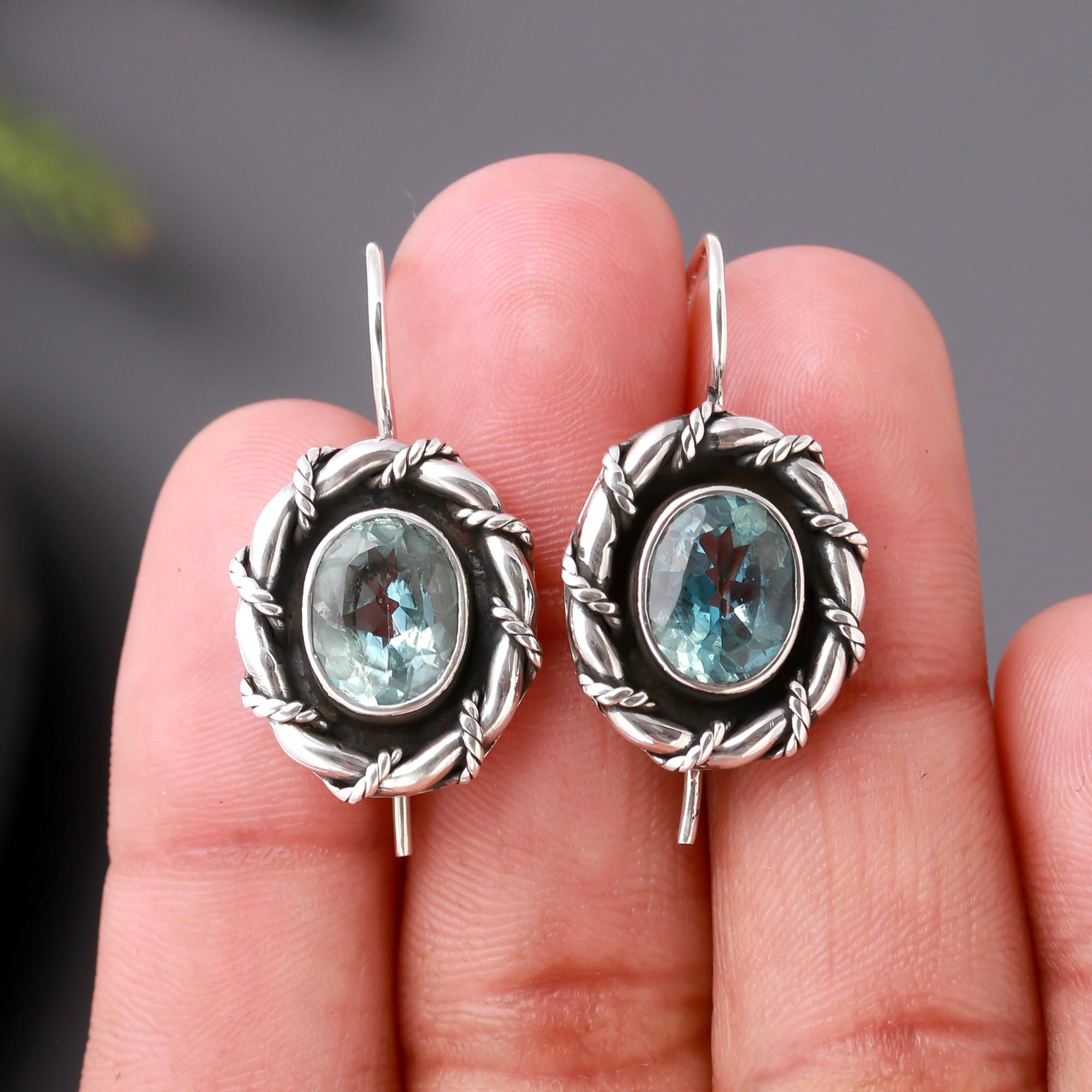 925 Silver Aquamarine Rope Frame Dangle Earrings