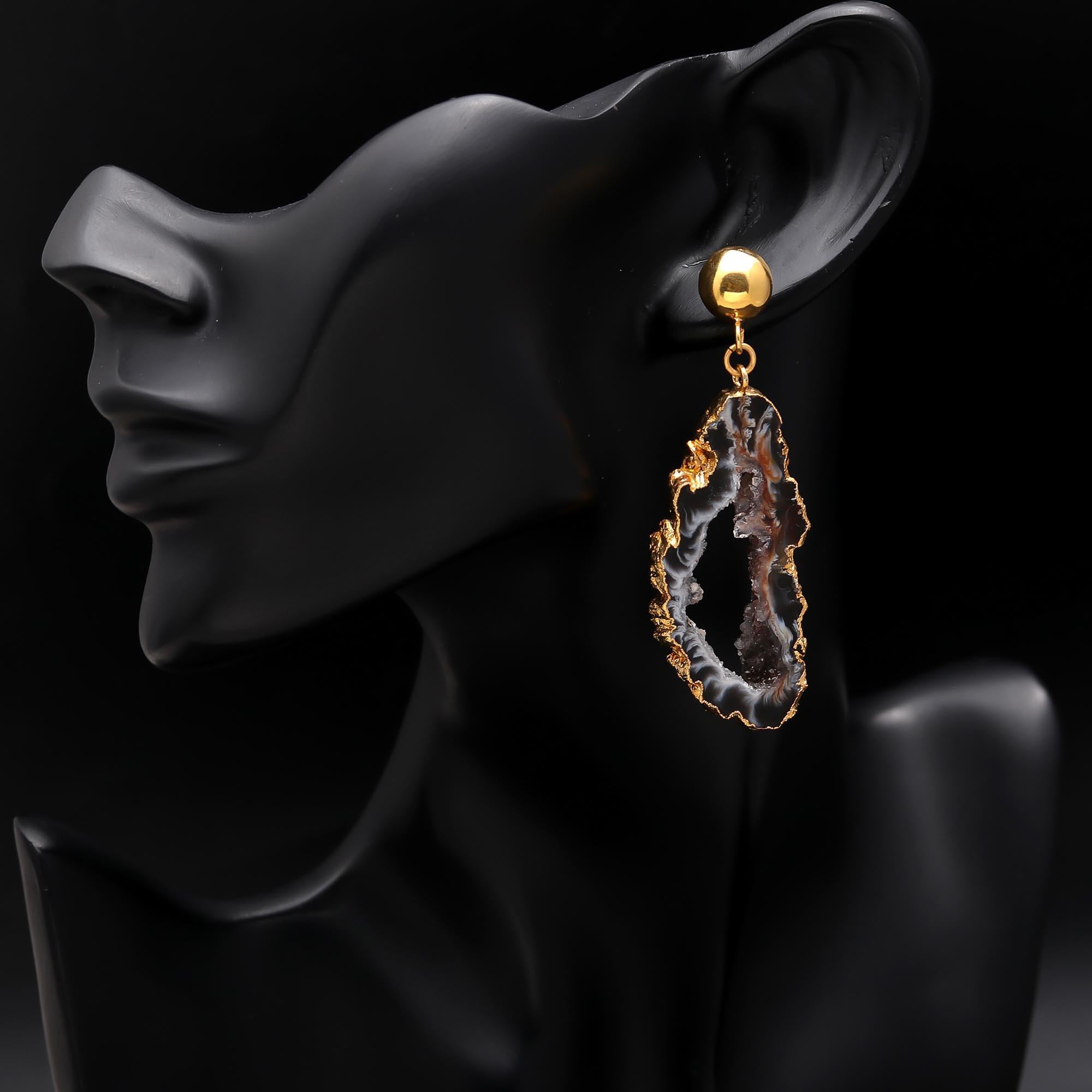 The Midnight Geode: Black Agate Slice & Gold Drop Earrings