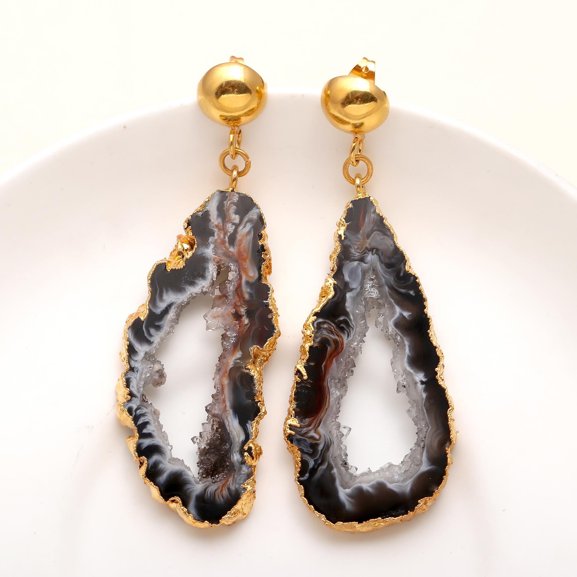 The Midnight Geode: Black Agate Slice & Gold Drop Earrings