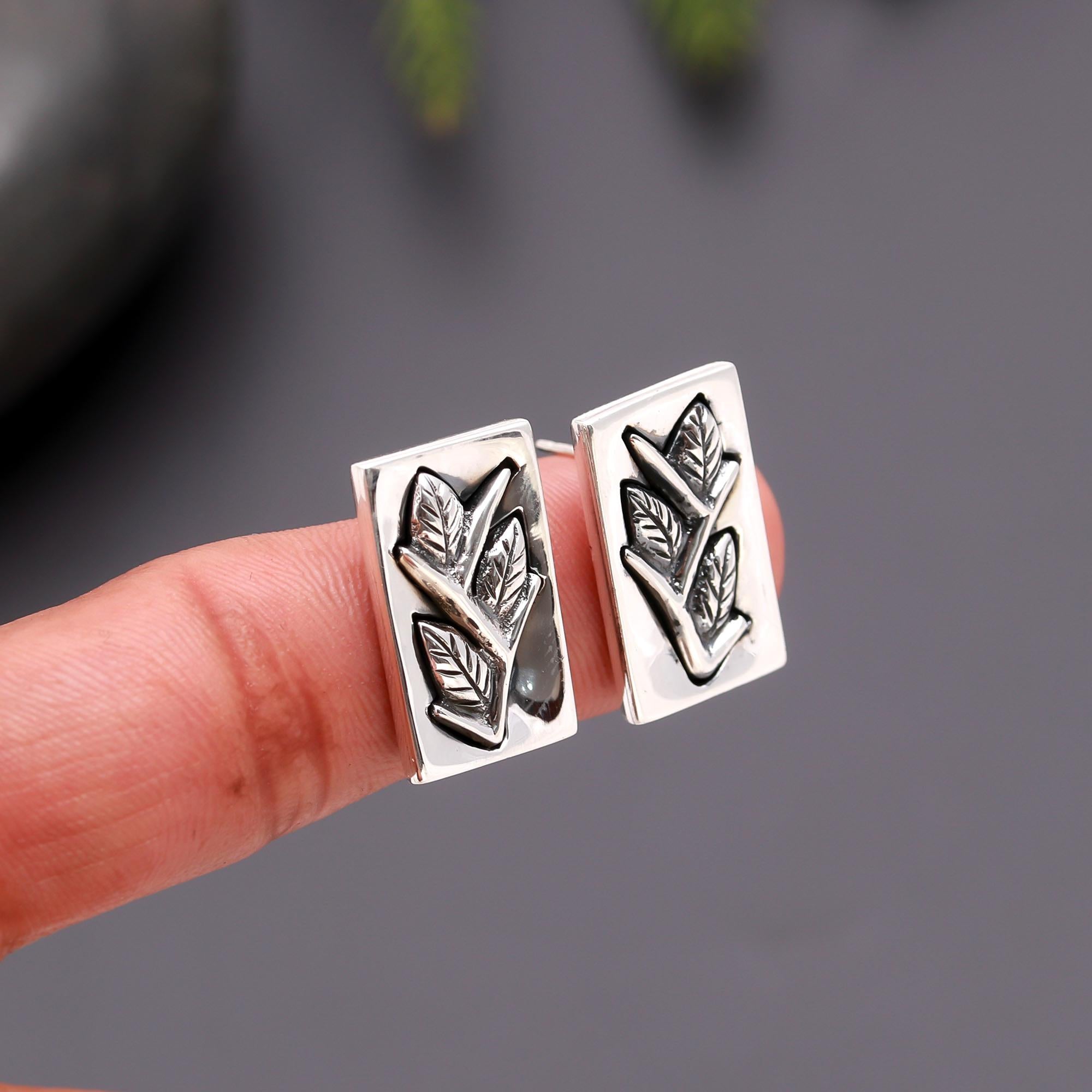 925 Silver Leaf Motif Rectangle Stud Earrings