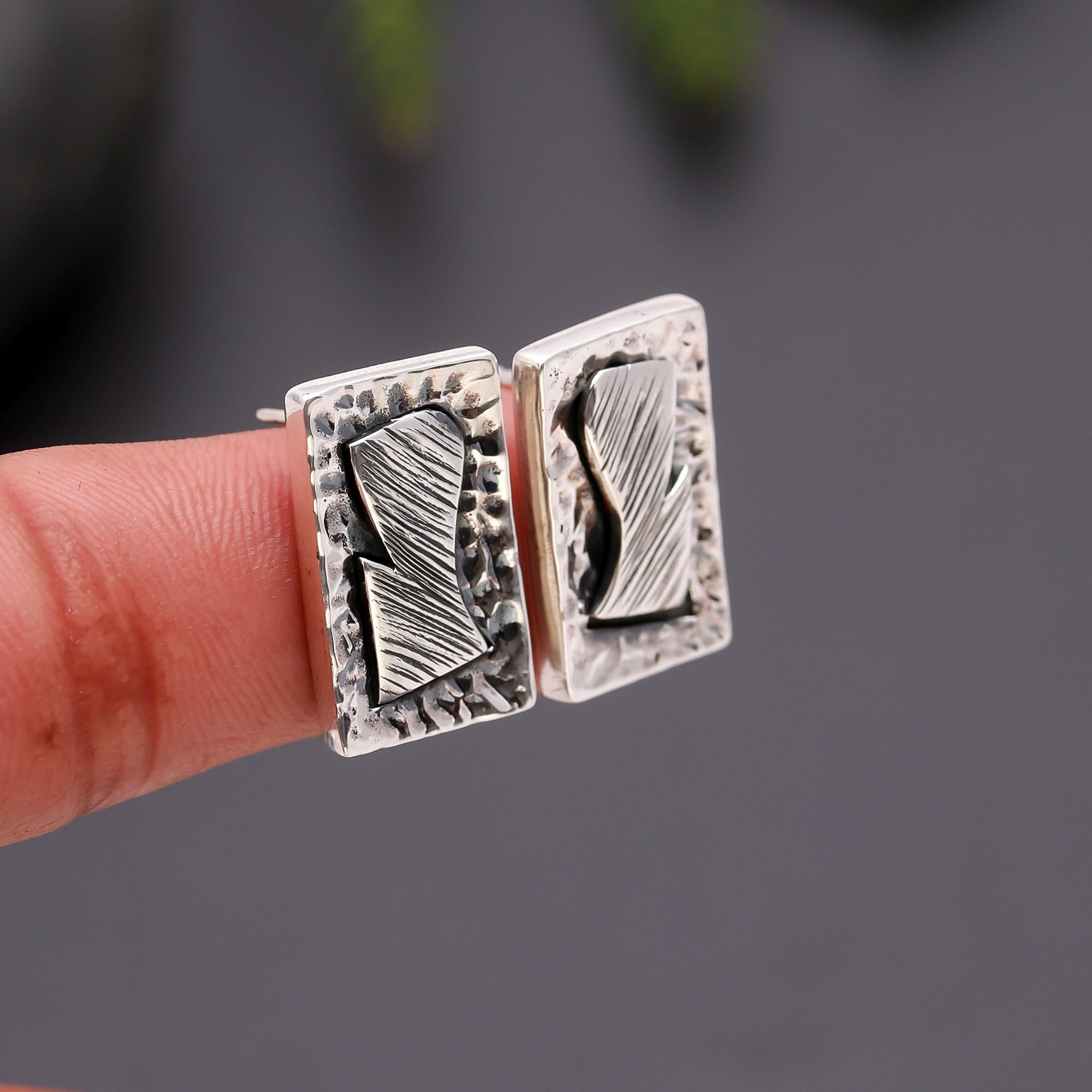 925 Silver Textured Rectangle Stud Earrings