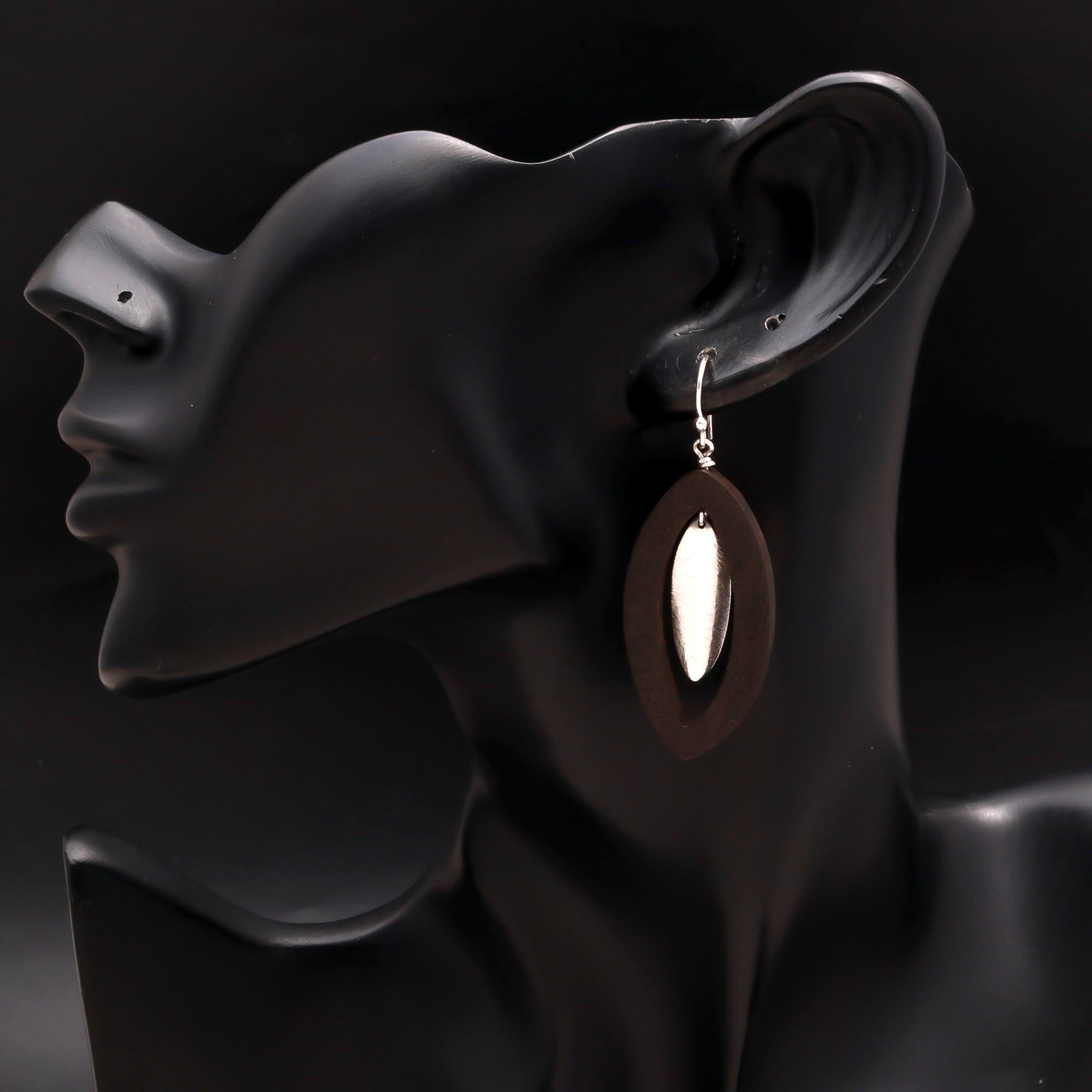 925 Silver and Wood Marquise Dangle Earrings