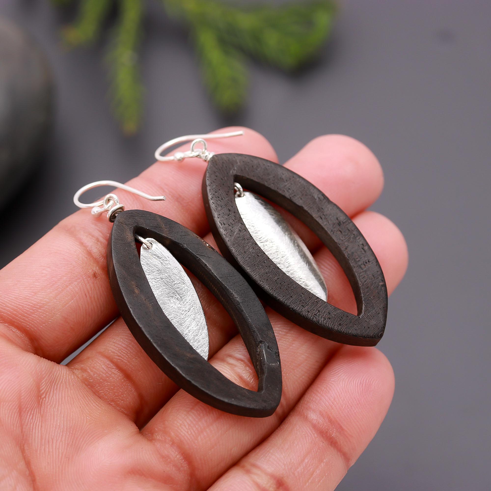 925 Silver and Wood Marquise Dangle Earrings