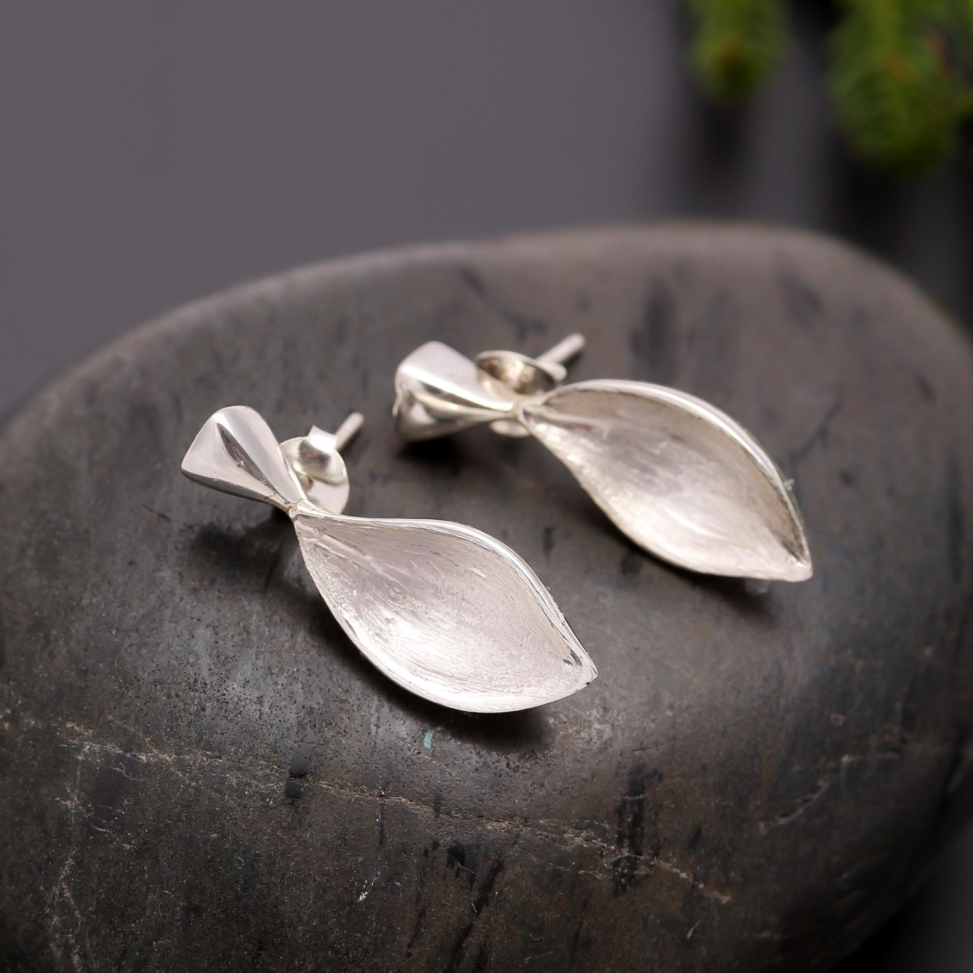 925 Silver Textured Leaf Stud Earrings