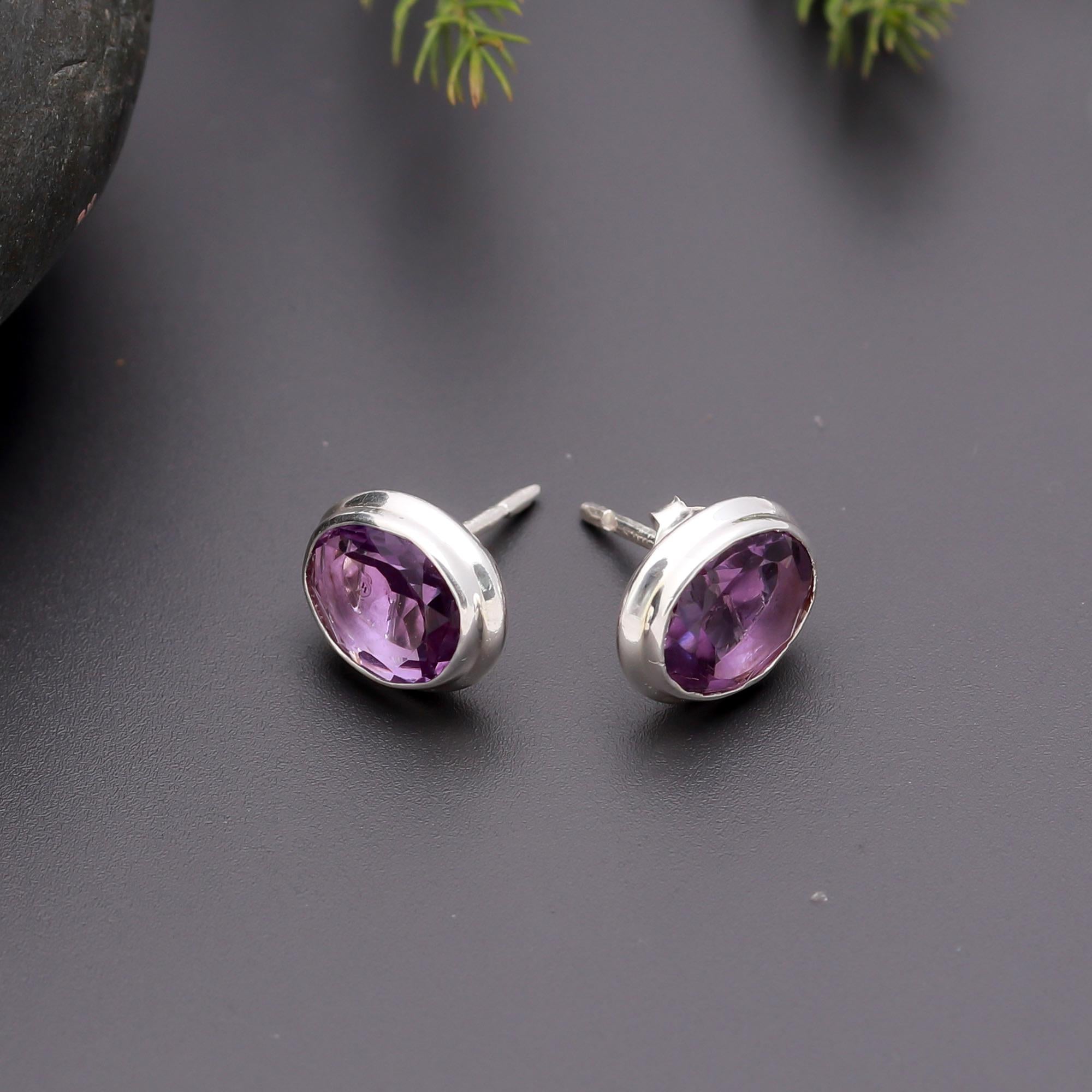 925 Silver Oval Amethyst Stud Earrings