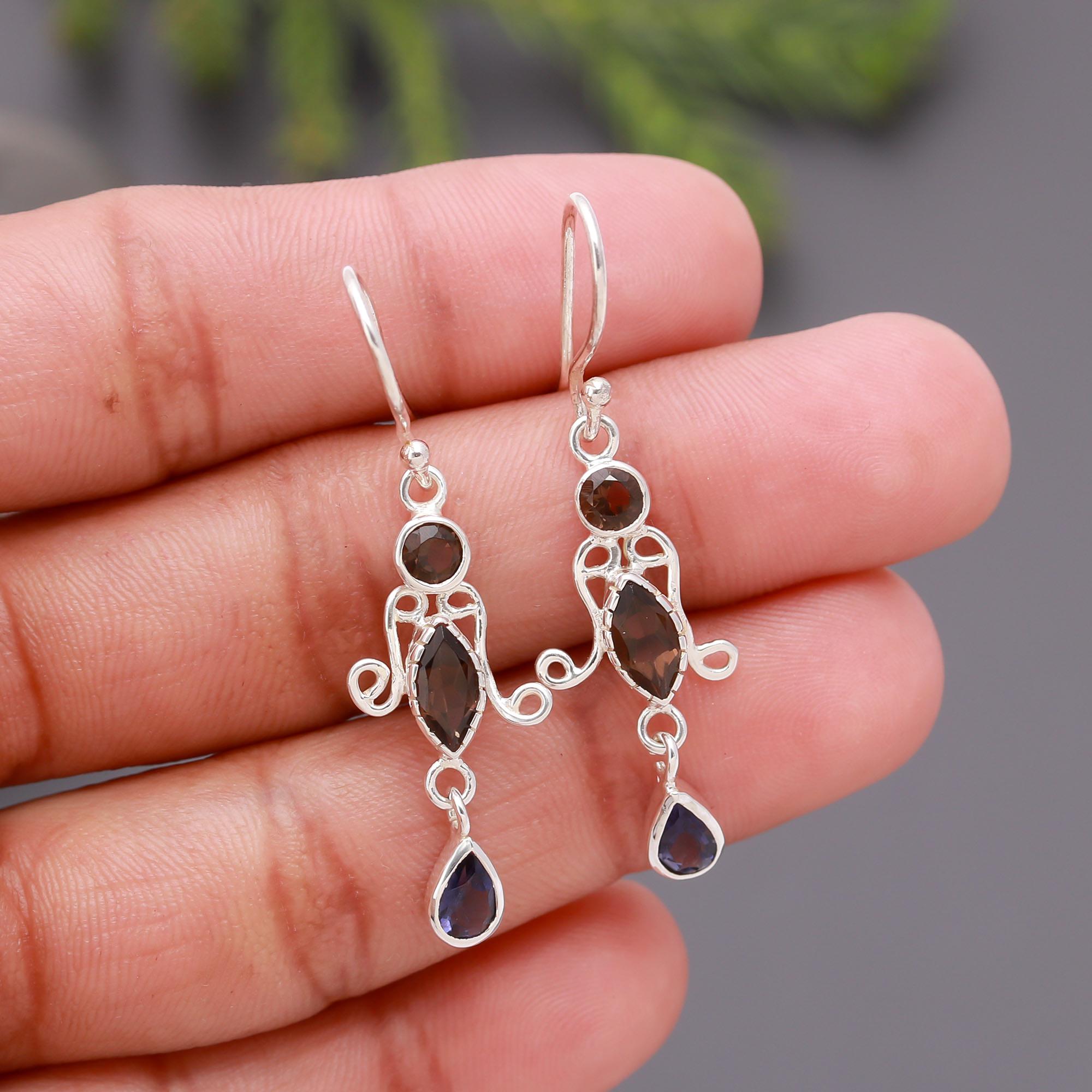 925 Silver Smoky Quartz and Iolite Dangle Earrings