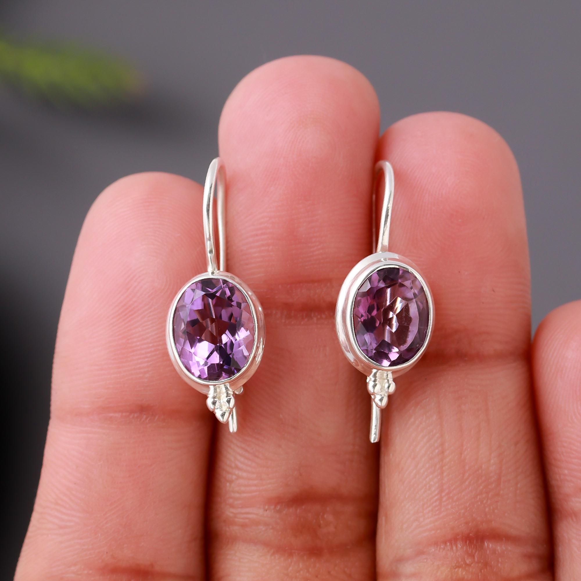 925 Silver Oval Amethyst Dangle Earrings