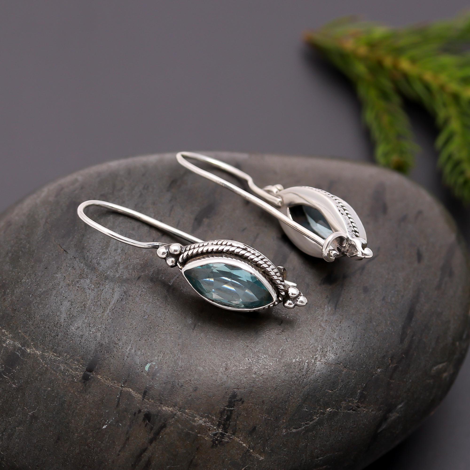 925 Silver Marquise Blue Topaz Dangle Earrings